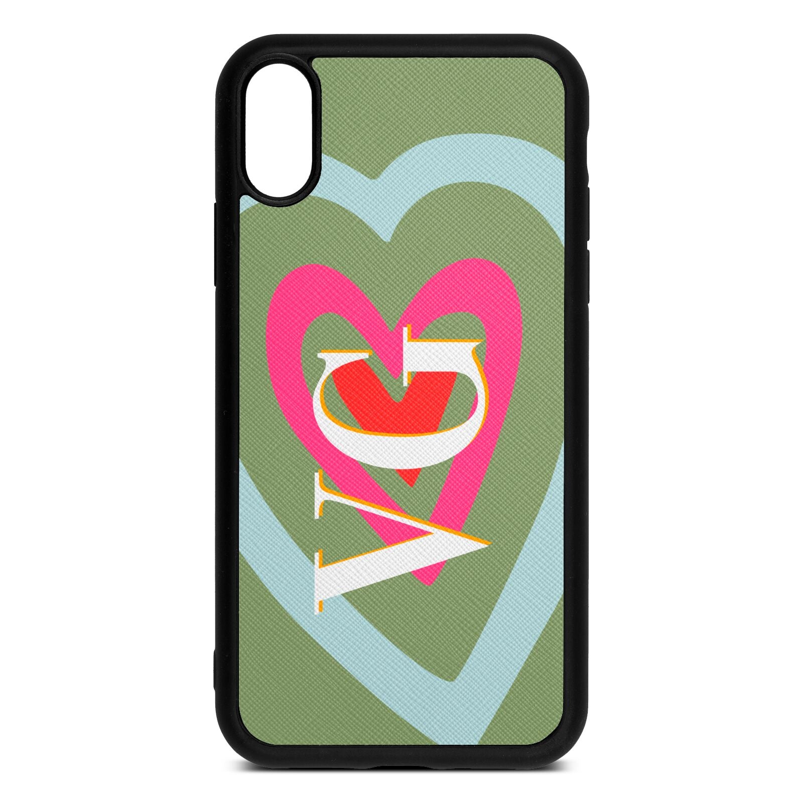 Personalised Initials Heart Lime Saffiano Leather iPhone Xr Case