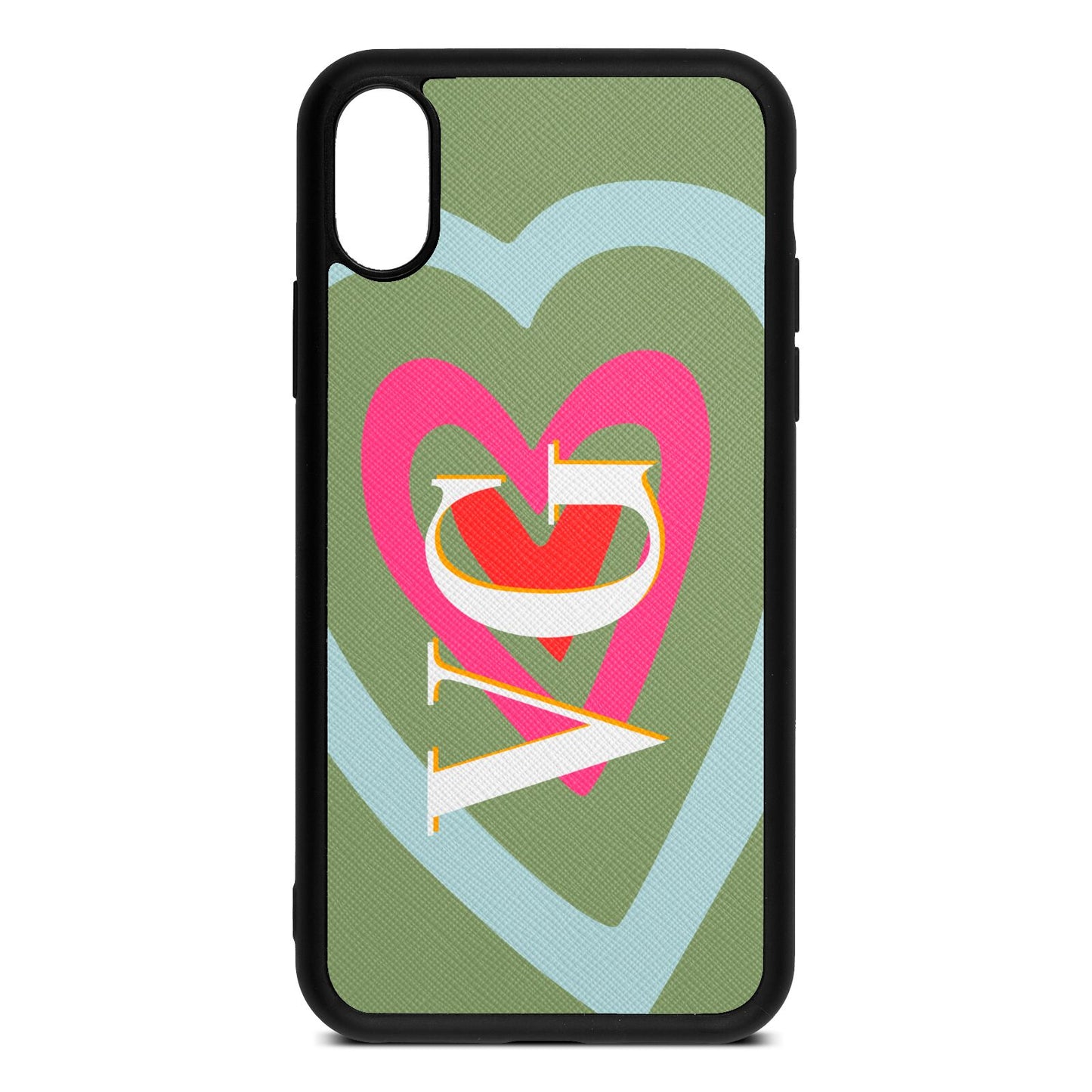 Personalised Initials Heart Lime Saffiano Leather iPhone Xs Case