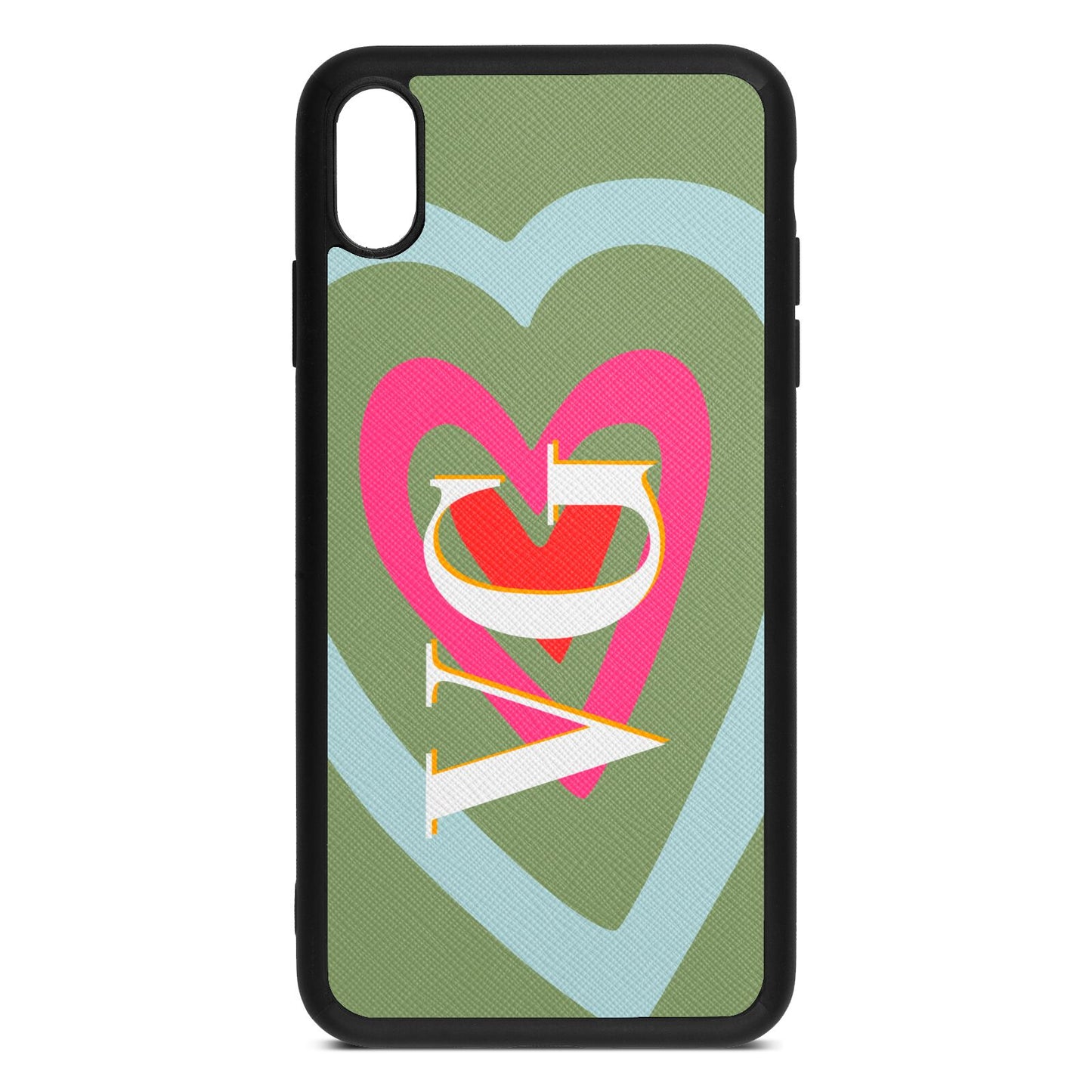 Personalised Initials Heart Lime Saffiano Leather iPhone Xs Max Case