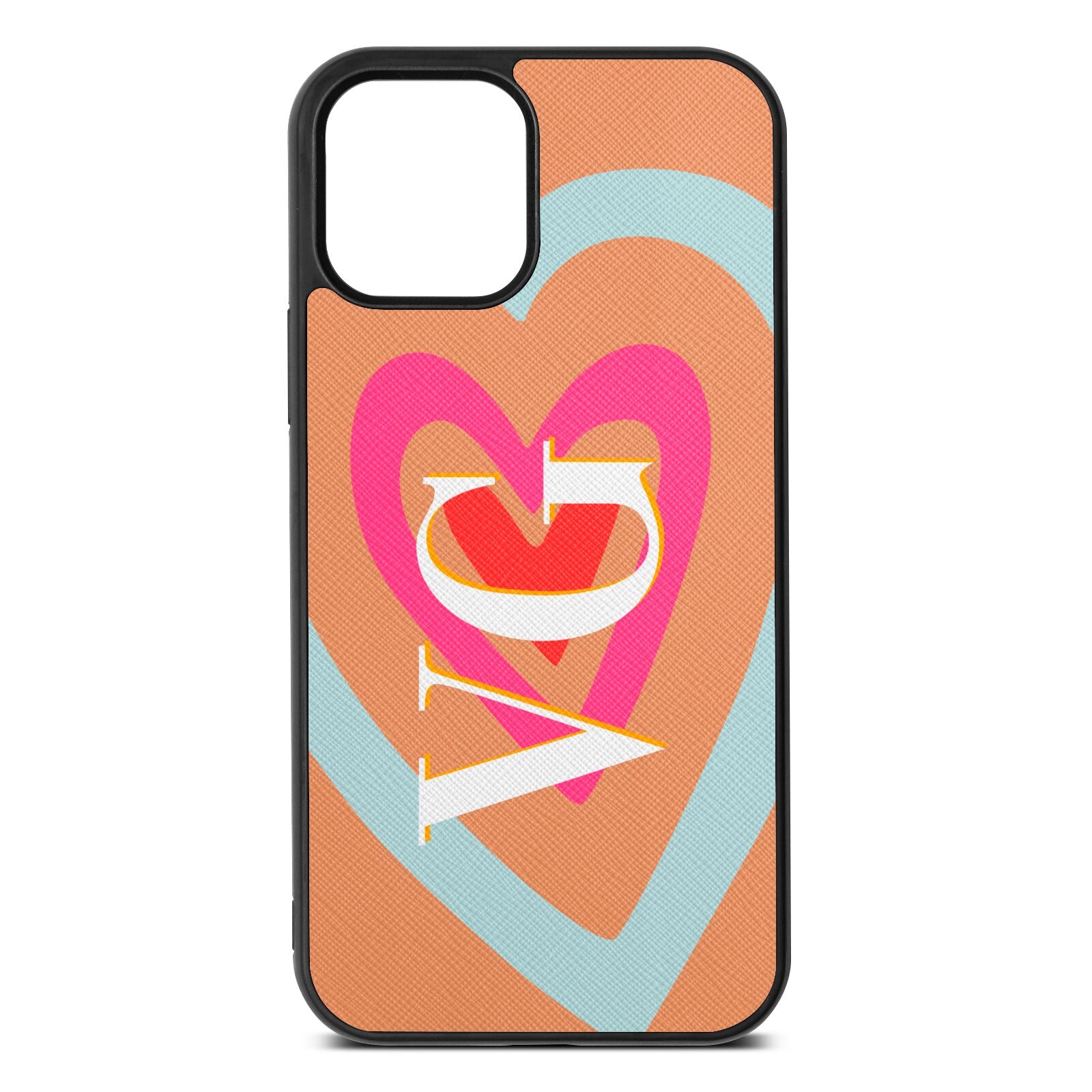 Personalised Initials Heart Orange Saffiano Leather iPhone 12 Case
