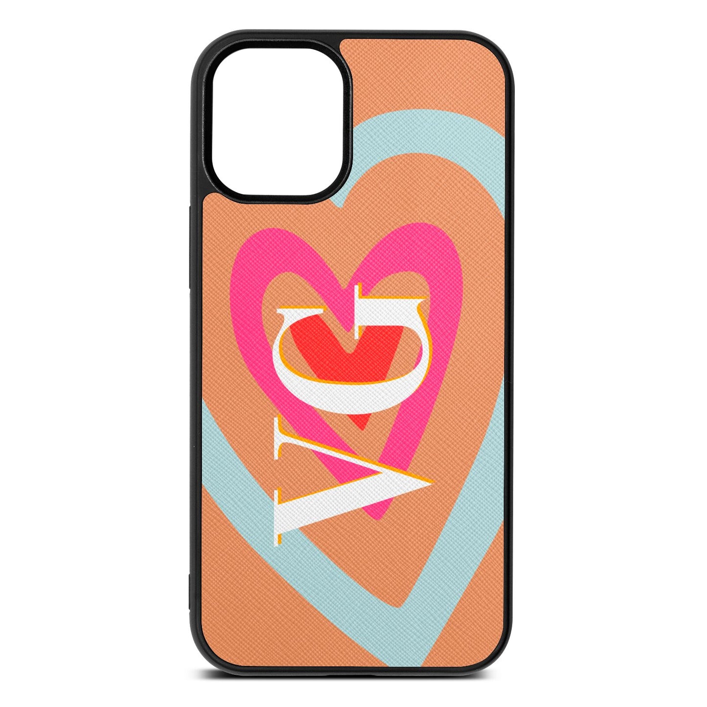 Personalised Initials Heart Orange Saffiano Leather iPhone 12 Mini Case