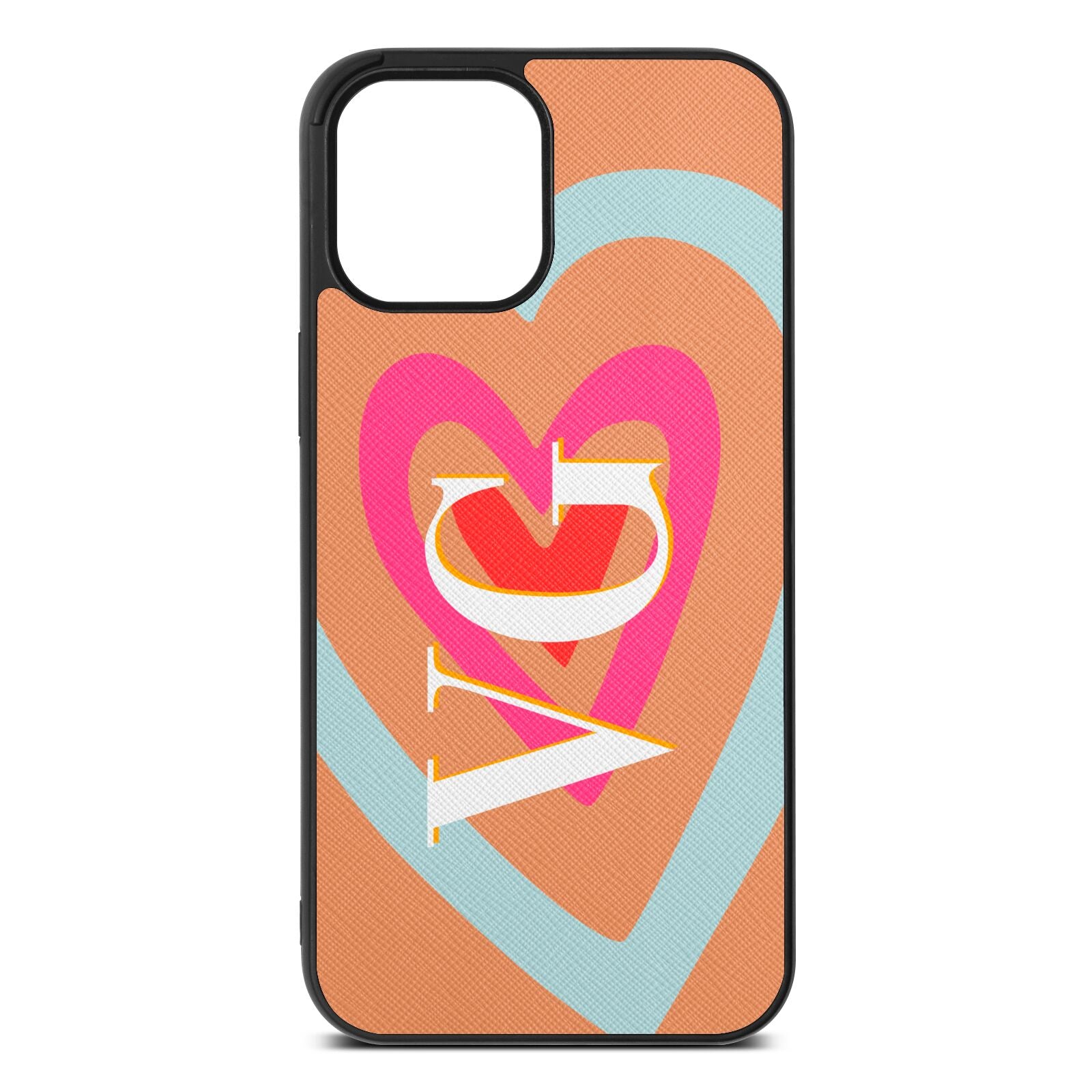 Personalised Initials Heart Orange Saffiano Leather iPhone 12 Pro Max Case