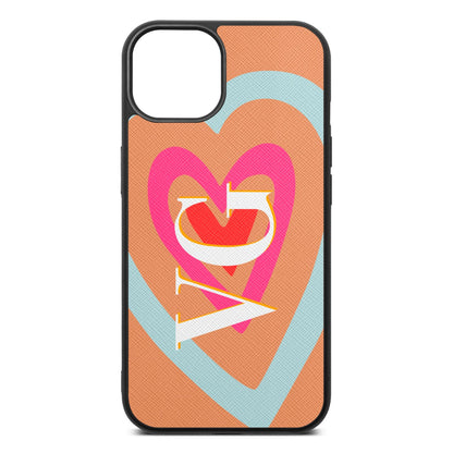 Personalised Initials Heart Orange Saffiano Leather iPhone 13 Case