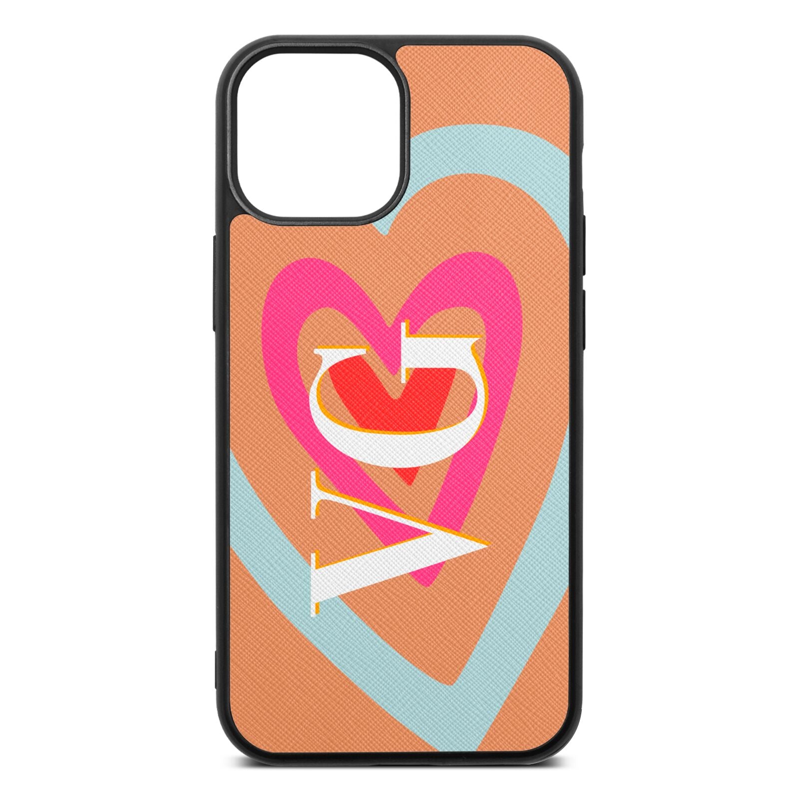Personalised Initials Heart Orange Saffiano Leather iPhone 13 Mini Case