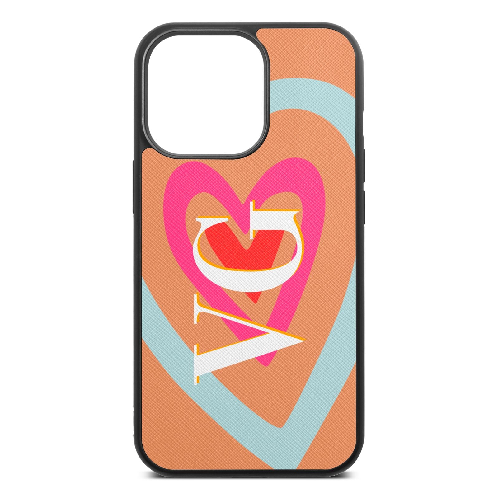 Personalised Initials Heart Orange Saffiano Leather iPhone 13 Pro Case