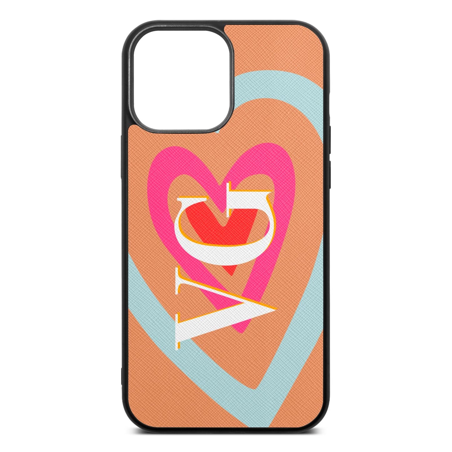 Personalised Initials Heart Orange Saffiano Leather iPhone 13 Pro Max Case