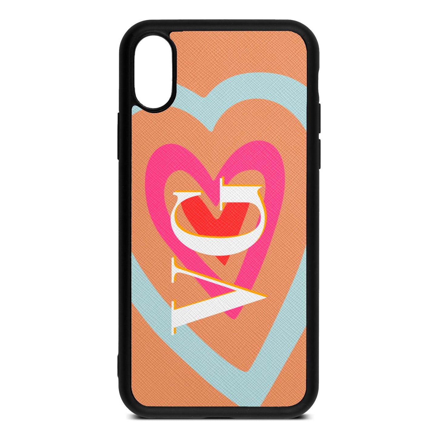 Personalised Initials Heart Orange Saffiano Leather iPhone Xs Case
