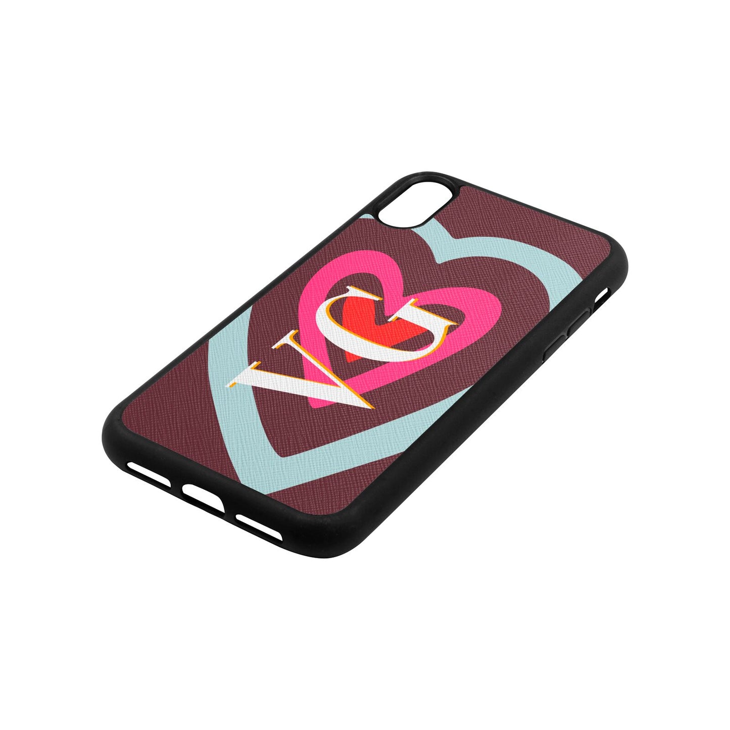 Personalised Initials Heart Rose Brown Saffiano Leather iPhone Xr Case Side Angle