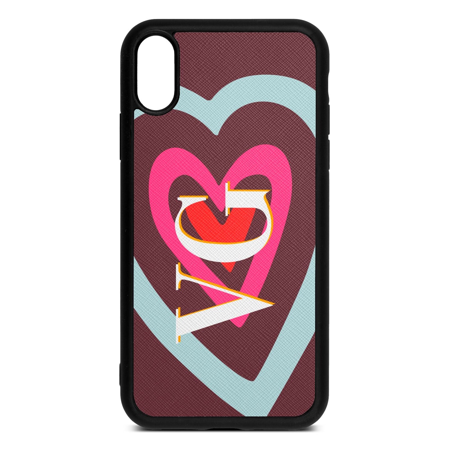 Personalised Initials Heart Rose Brown Saffiano Leather iPhone Xr Case