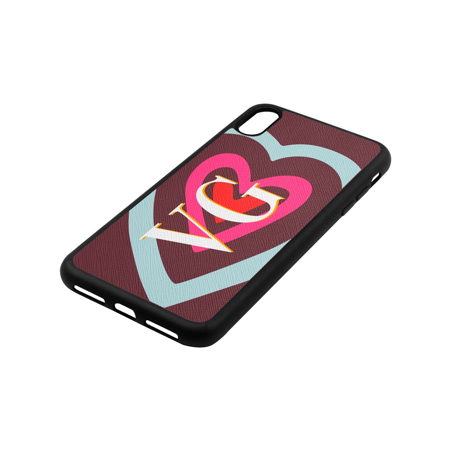 Personalised Initials Heart Rose Brown Saffiano Leather iPhone Xs Max Case Side Angle
