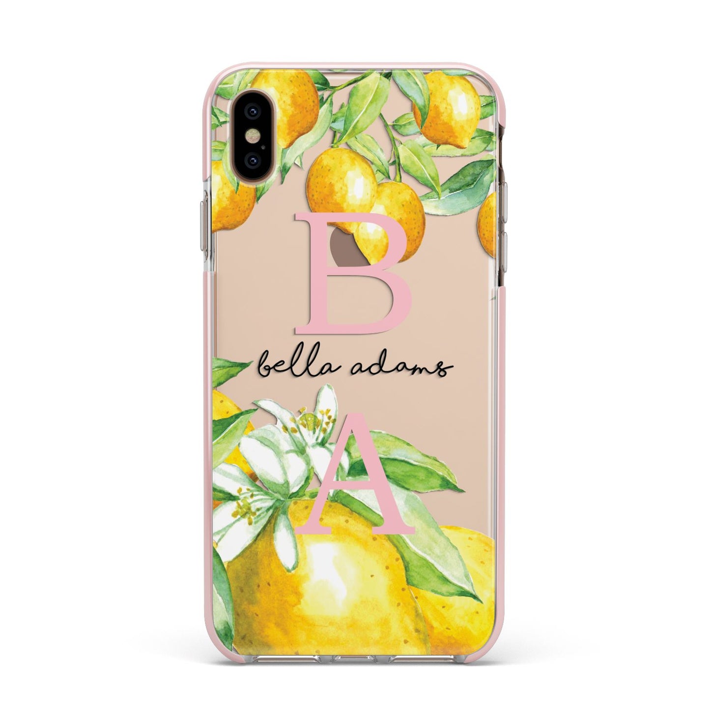 Personalised Initials Lemons Apple iPhone Xs Max Impact Case Pink Edge on Gold Phone