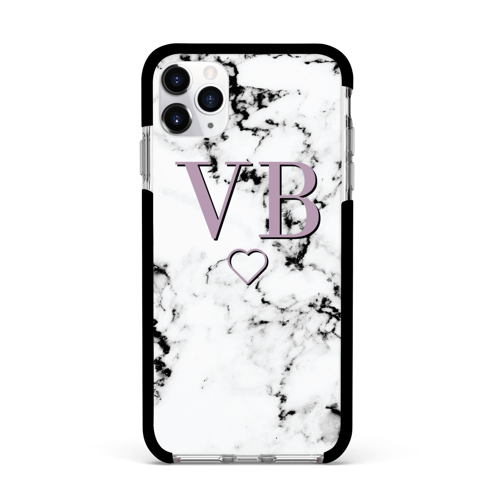 Personalised Initials Love Heart Marble Apple iPhone 11 Pro Max in Silver with Black Impact Case