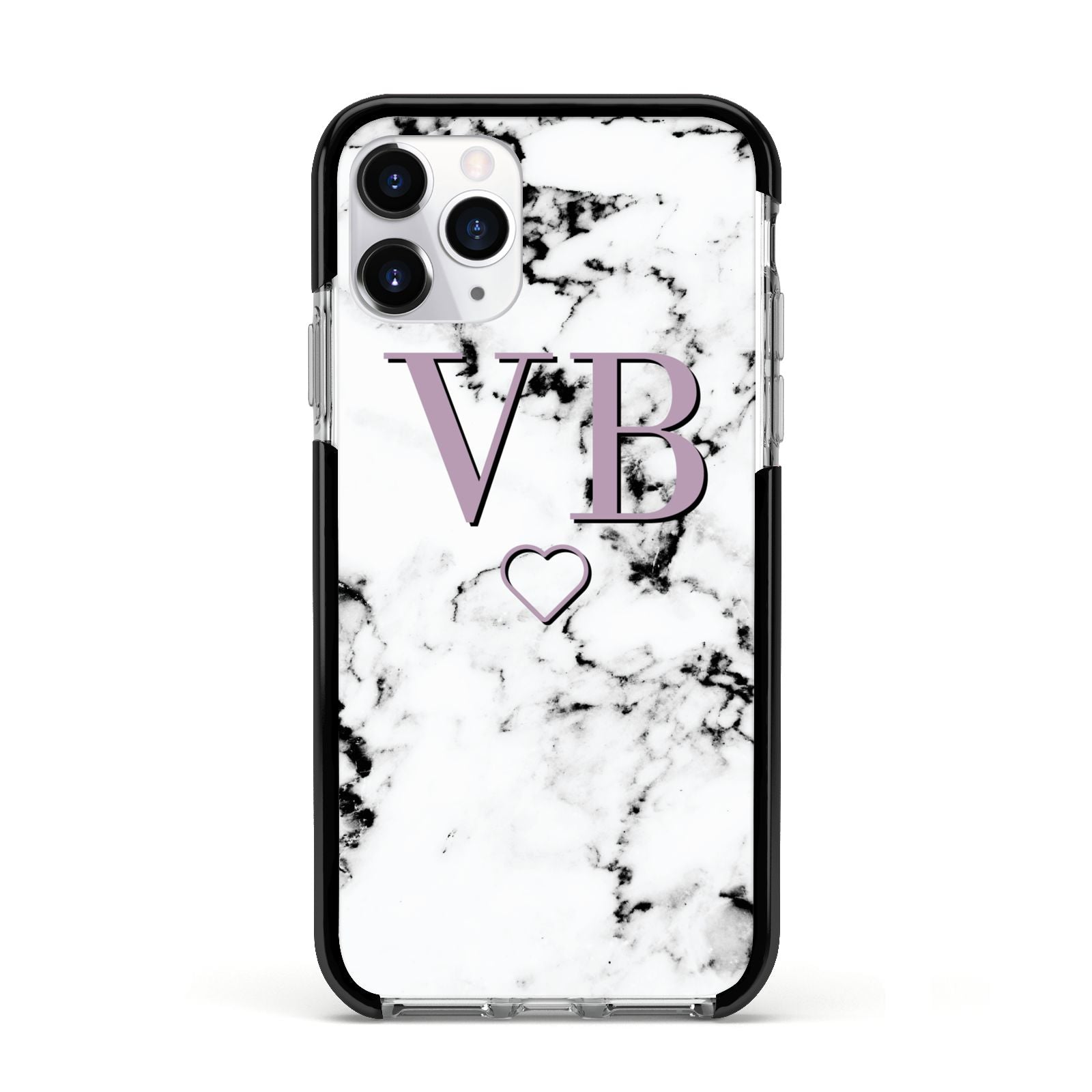 Personalised Initials Love Heart Marble Apple iPhone 11 Pro in Silver with Black Impact Case