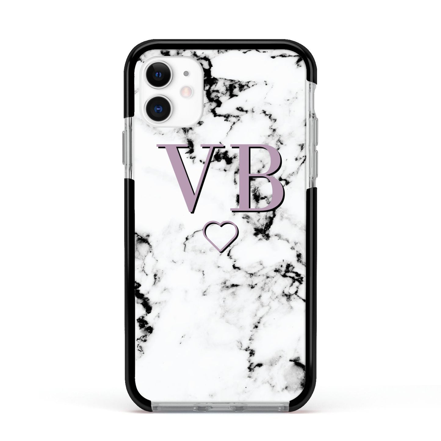 Personalised Initials Love Heart Marble Apple iPhone 11 in White with Black Impact Case