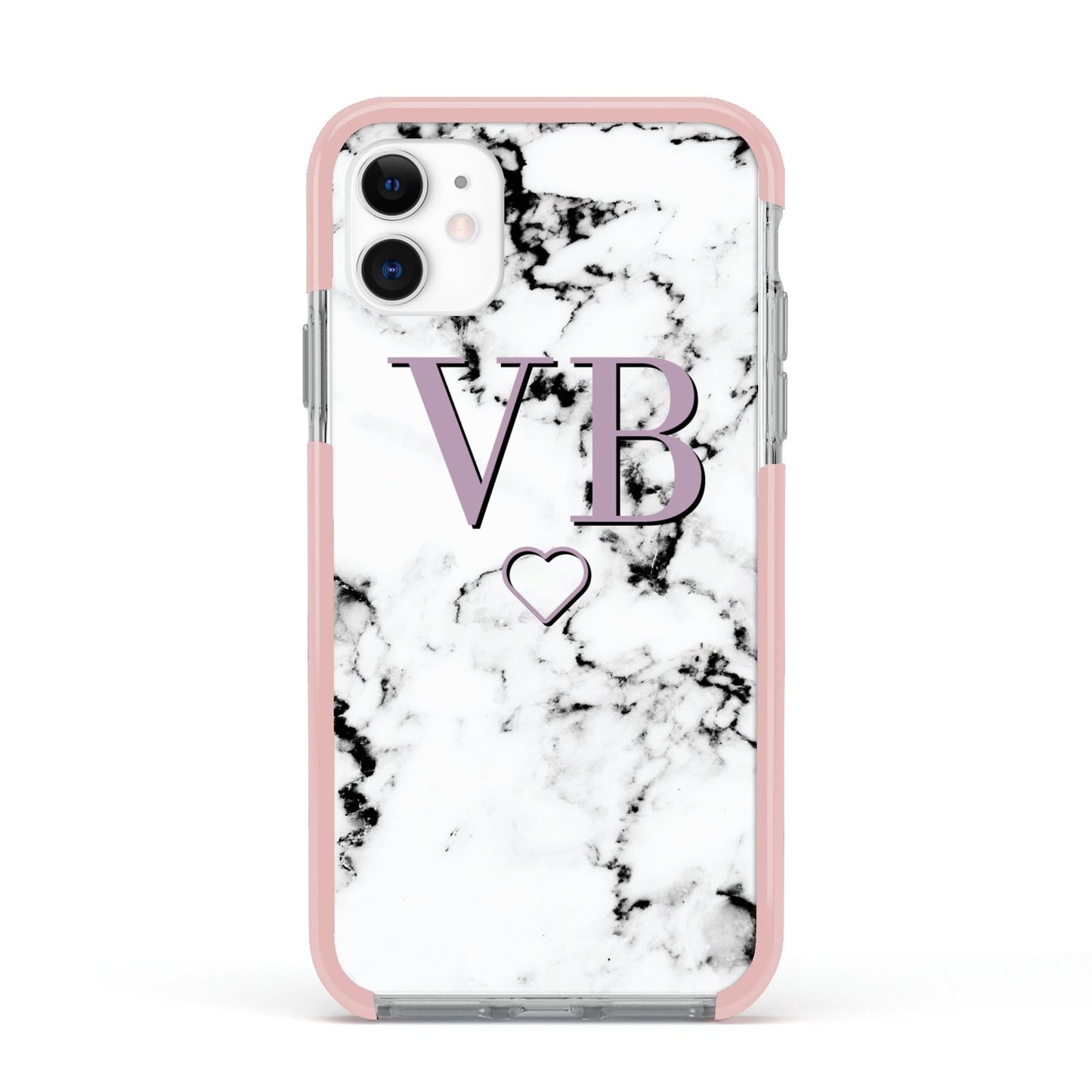 Personalised Initials Love Heart Marble Apple iPhone 11 in White with Pink Impact Case