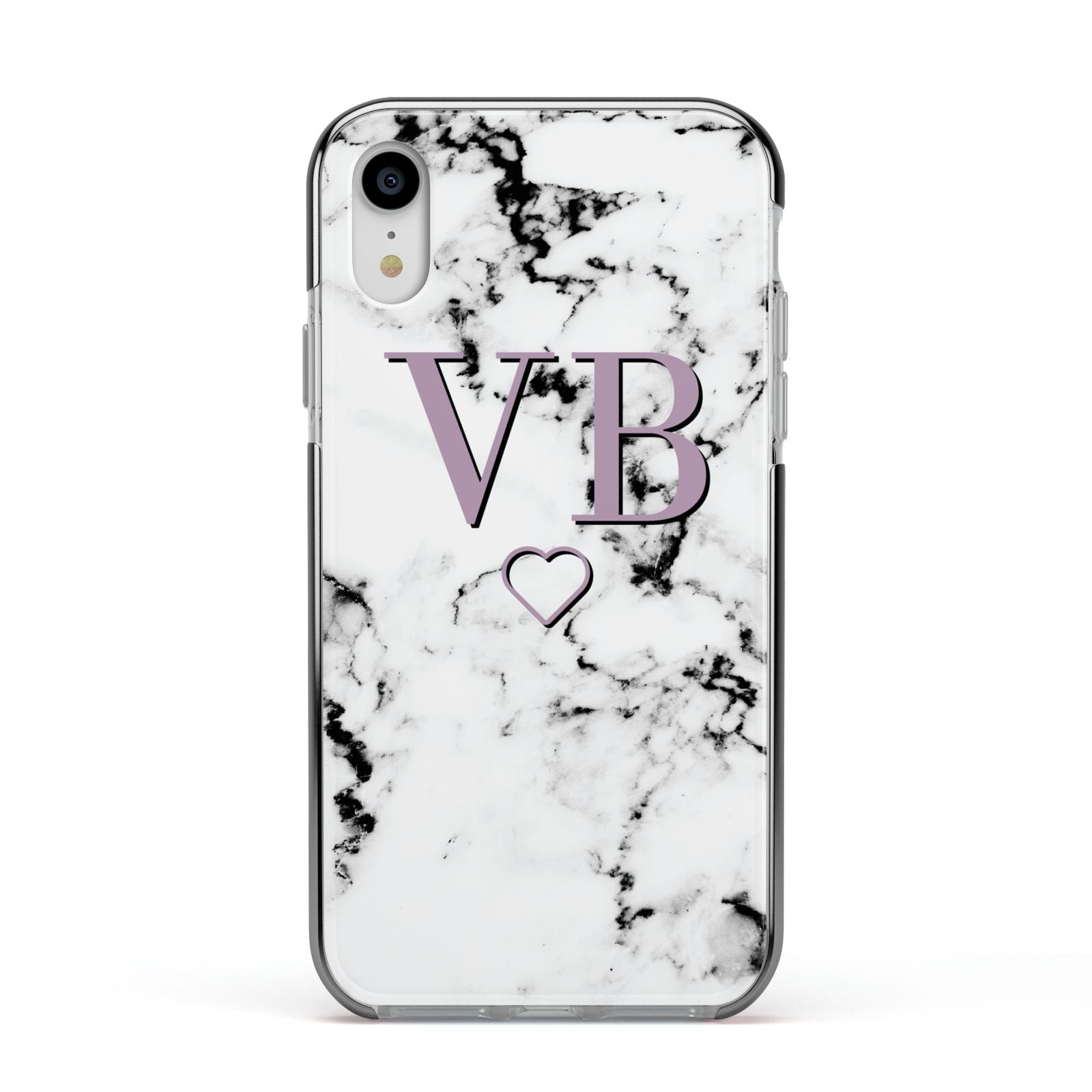 Personalised Initials Love Heart Marble Apple iPhone XR Impact Case Black Edge on Silver Phone