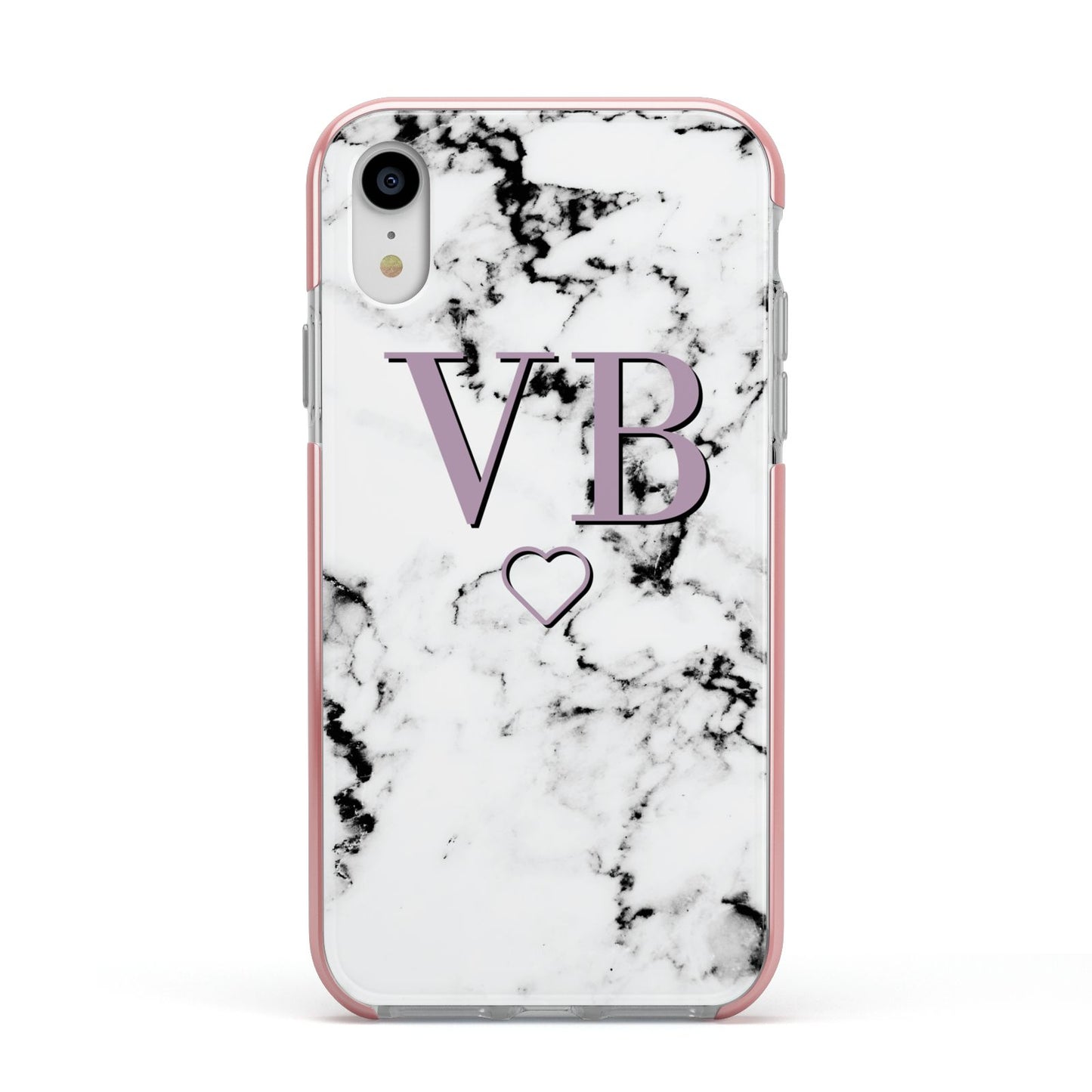 Personalised Initials Love Heart Marble Apple iPhone XR Impact Case Pink Edge on Silver Phone