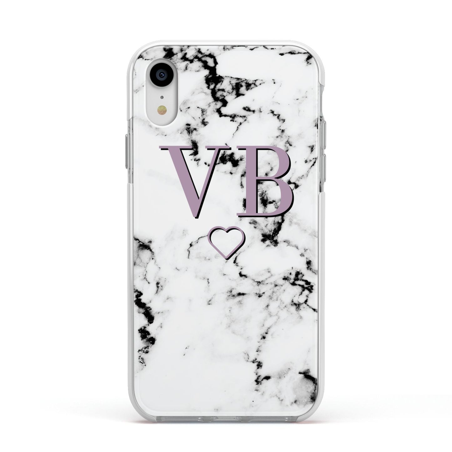 Personalised Initials Love Heart Marble Apple iPhone XR Impact Case White Edge on Silver Phone