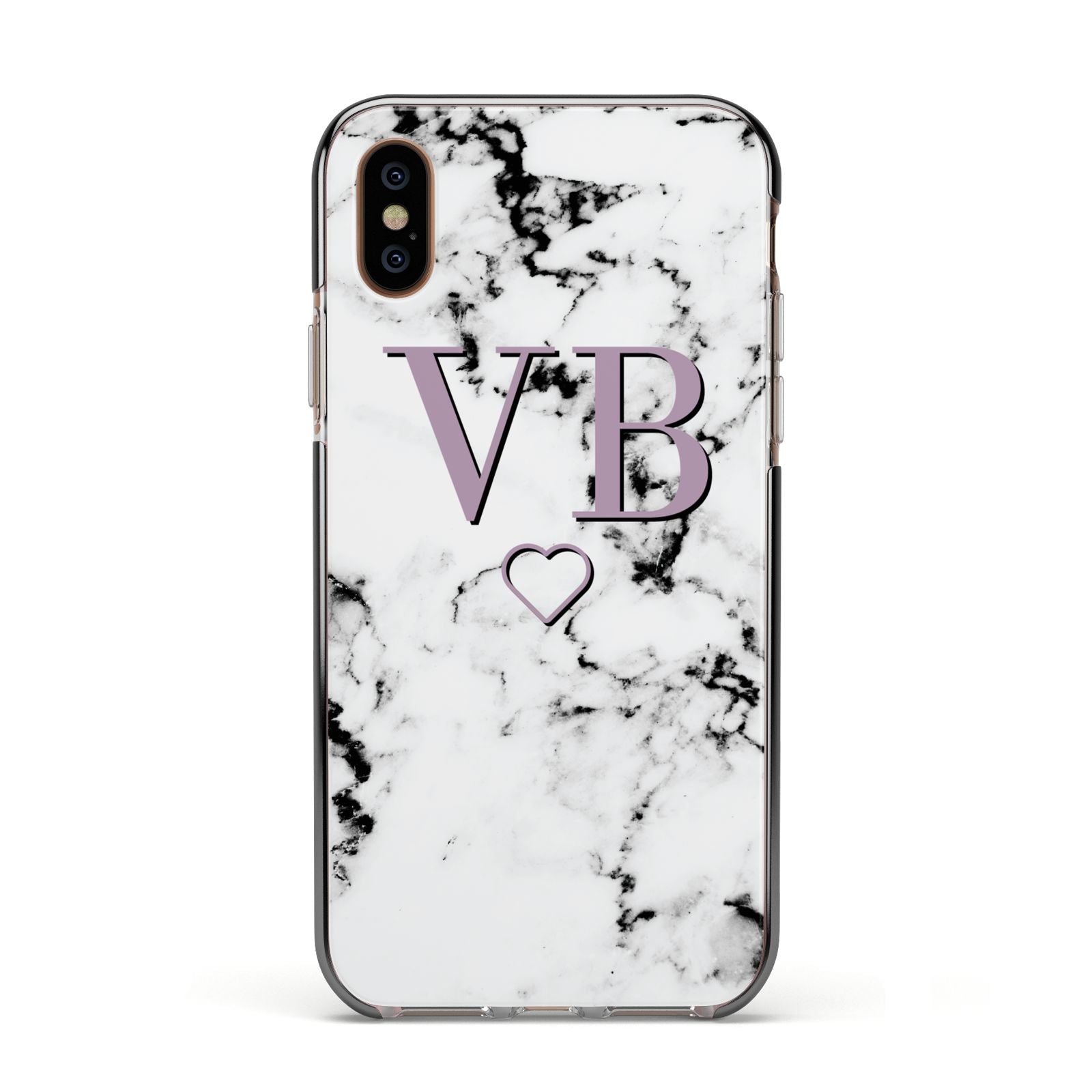 Personalised Initials Love Heart Marble Apple iPhone Xs Impact Case Black Edge on Gold Phone
