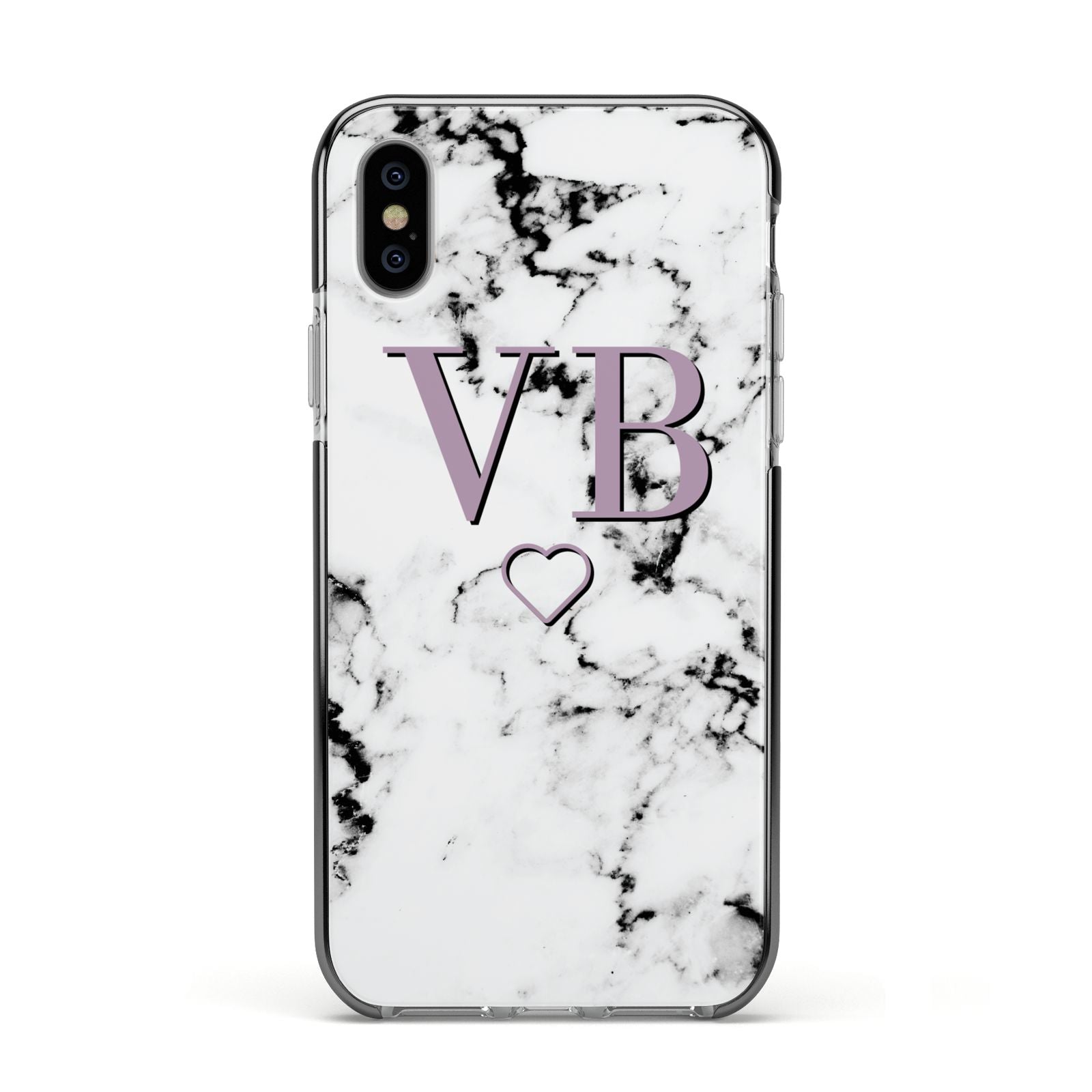 Personalised Initials Love Heart Marble Apple iPhone Xs Impact Case Black Edge on Silver Phone