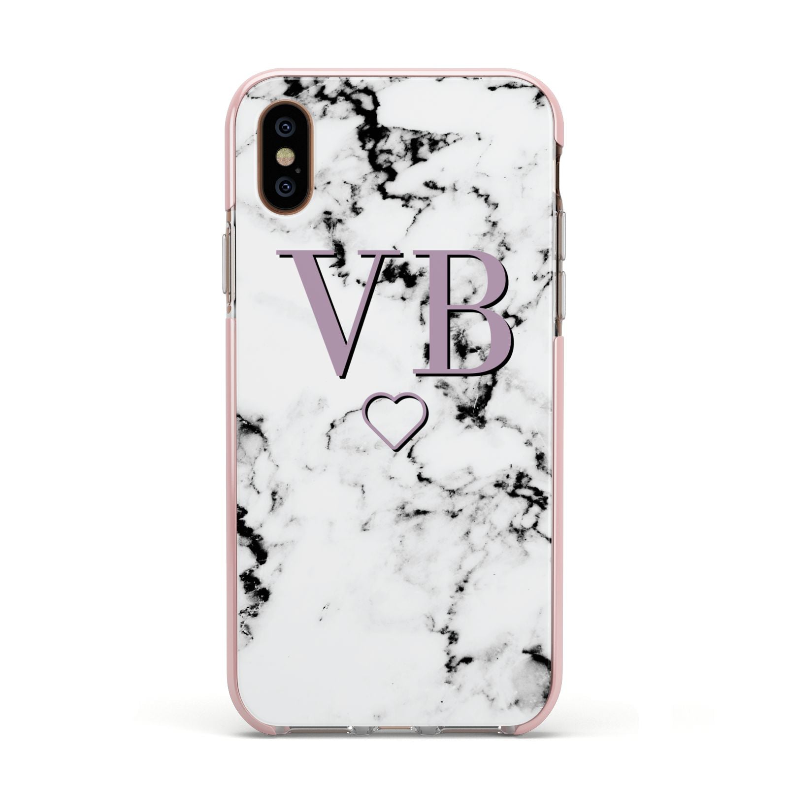 Personalised Initials Love Heart Marble Apple iPhone Xs Impact Case Pink Edge on Gold Phone