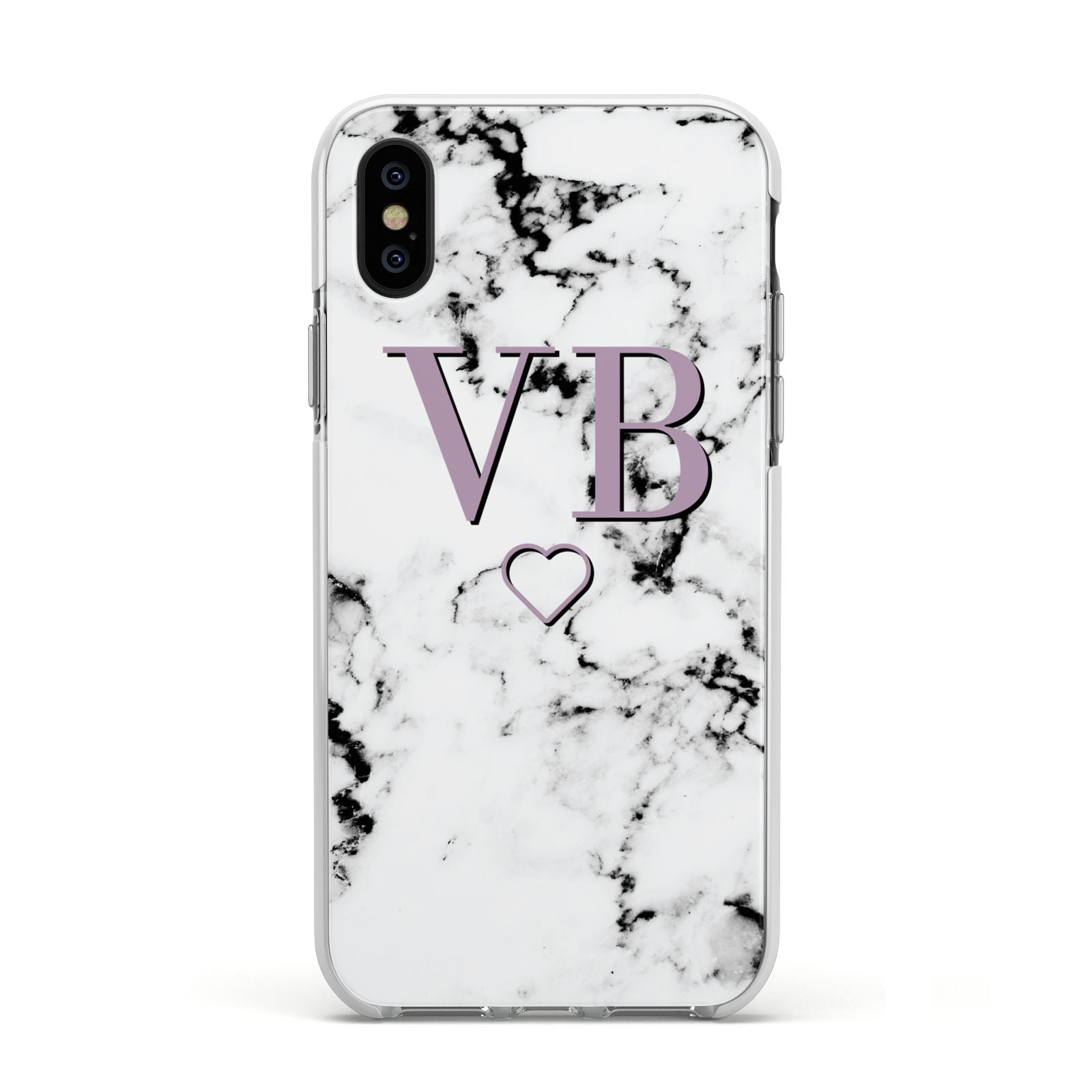 Personalised Initials Love Heart Marble Apple iPhone Xs Impact Case White Edge on Black Phone
