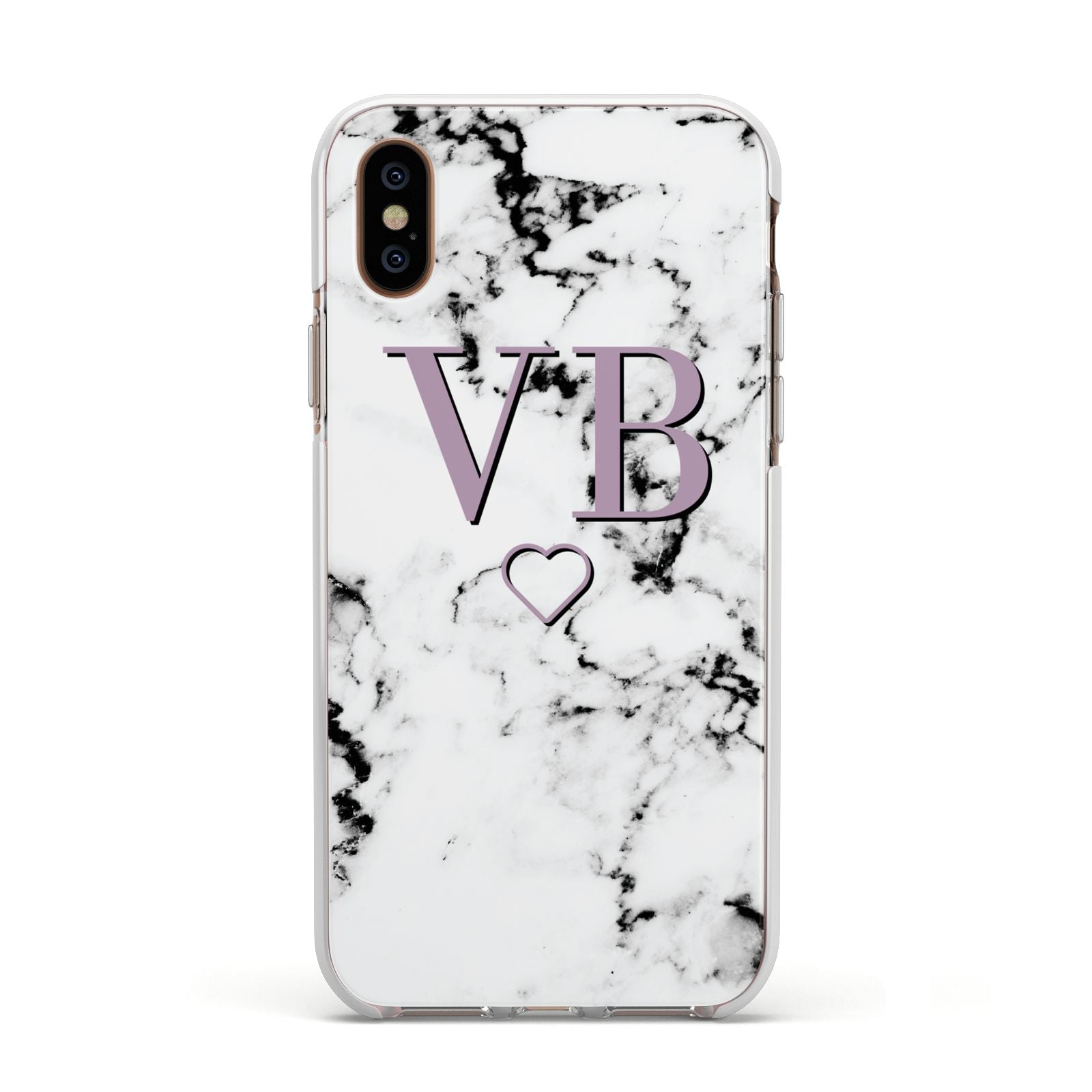 Personalised Initials Love Heart Marble Apple iPhone Xs Impact Case White Edge on Gold Phone
