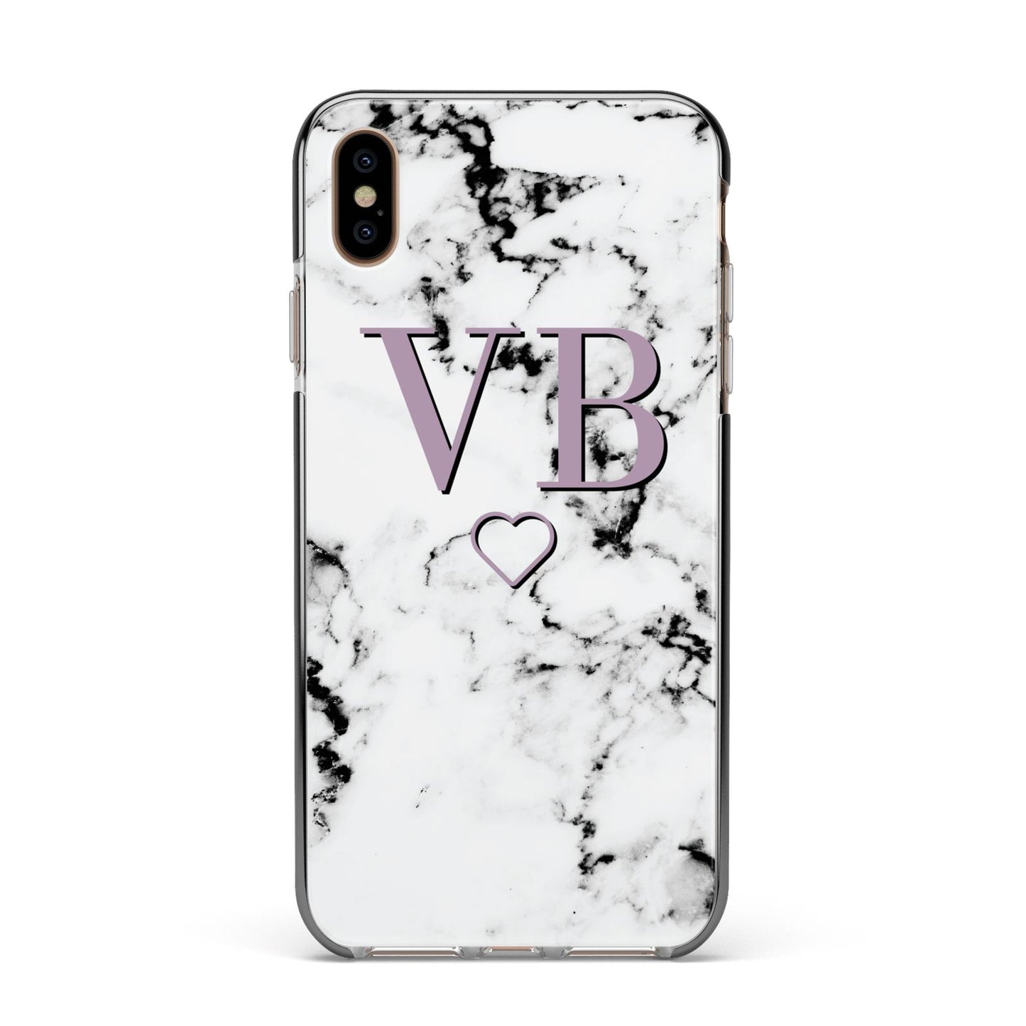 Personalised Initials Love Heart Marble Apple iPhone Xs Max Impact Case Black Edge on Gold Phone