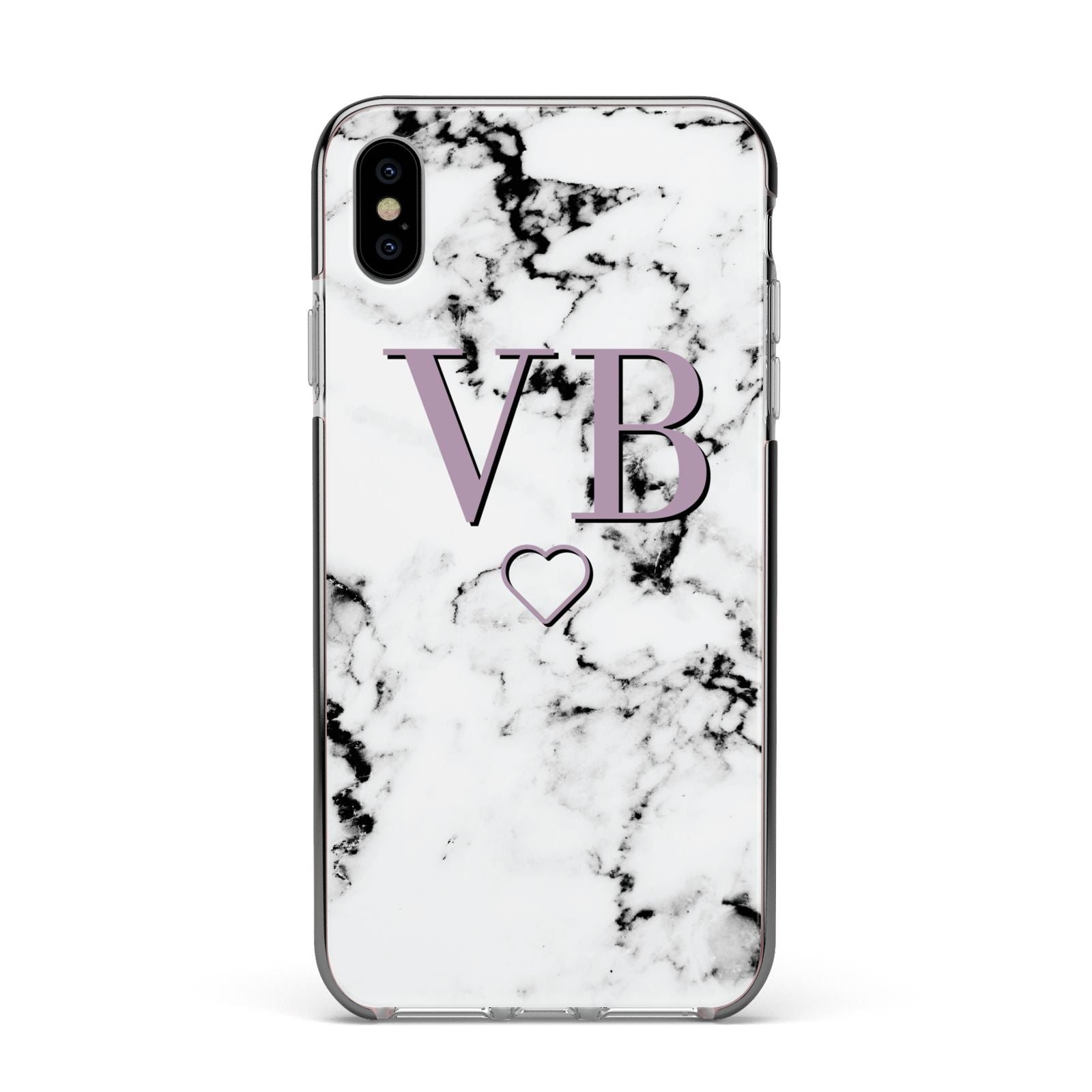 Personalised Initials Love Heart Marble Apple iPhone Xs Max Impact Case Black Edge on Silver Phone