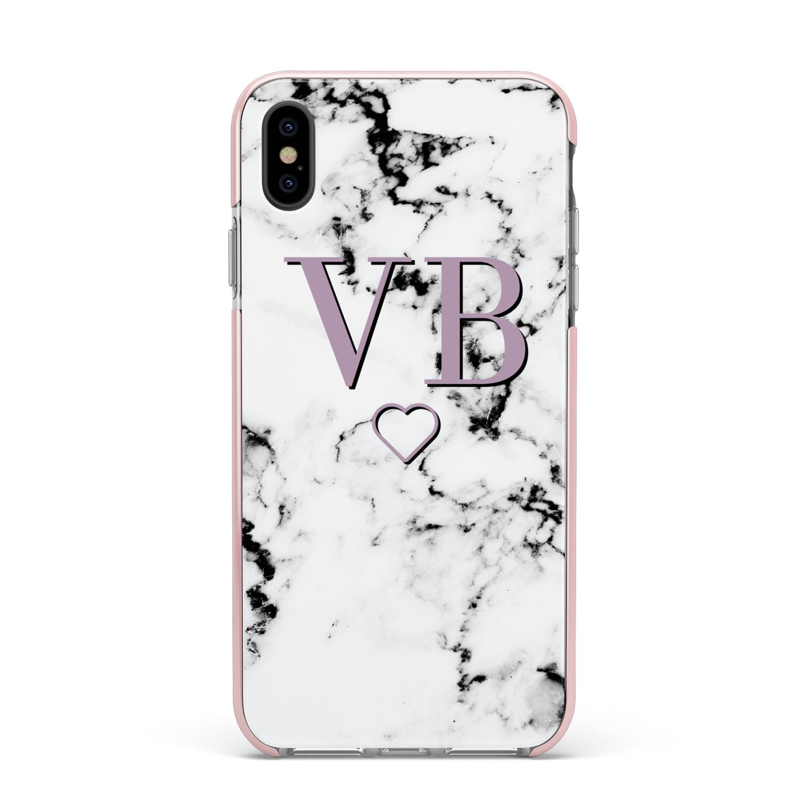 Personalised Initials Love Heart Marble Apple iPhone Xs Max Impact Case Pink Edge on Black Phone