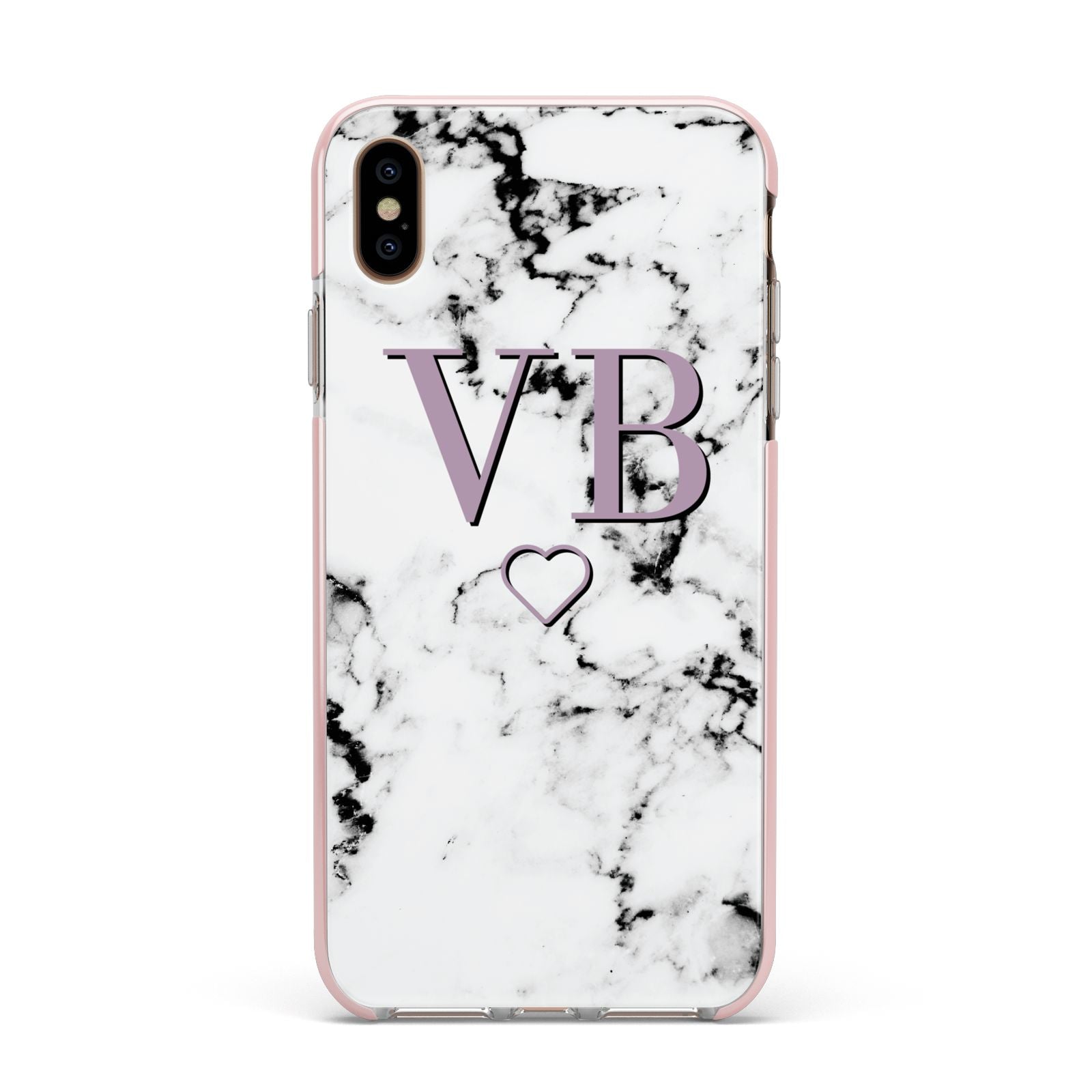 Personalised Initials Love Heart Marble Apple iPhone Xs Max Impact Case Pink Edge on Gold Phone