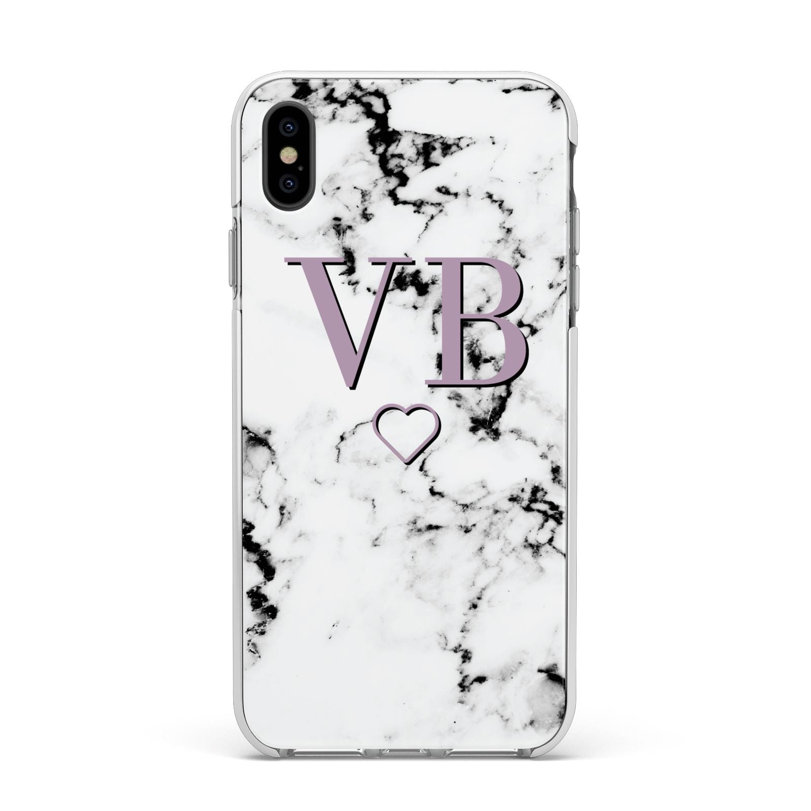 Personalised Initials Love Heart Marble Apple iPhone Xs Max Impact Case White Edge on Black Phone