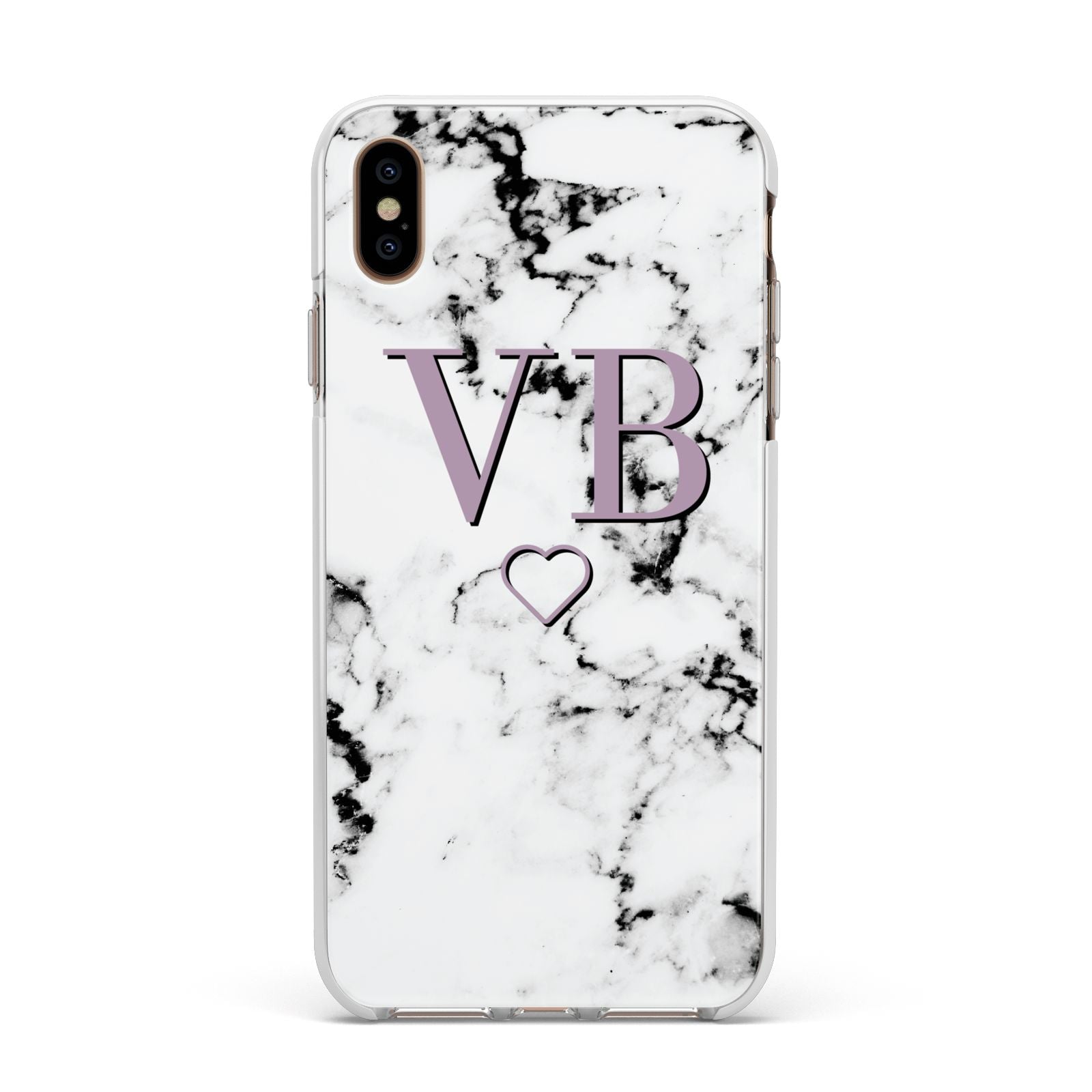 Personalised Initials Love Heart Marble Apple iPhone Xs Max Impact Case White Edge on Gold Phone