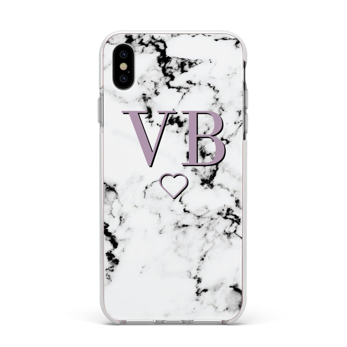 Personalised Initials Love Heart Marble Apple iPhone Xs Max Impact Case White Edge on Silver Phone