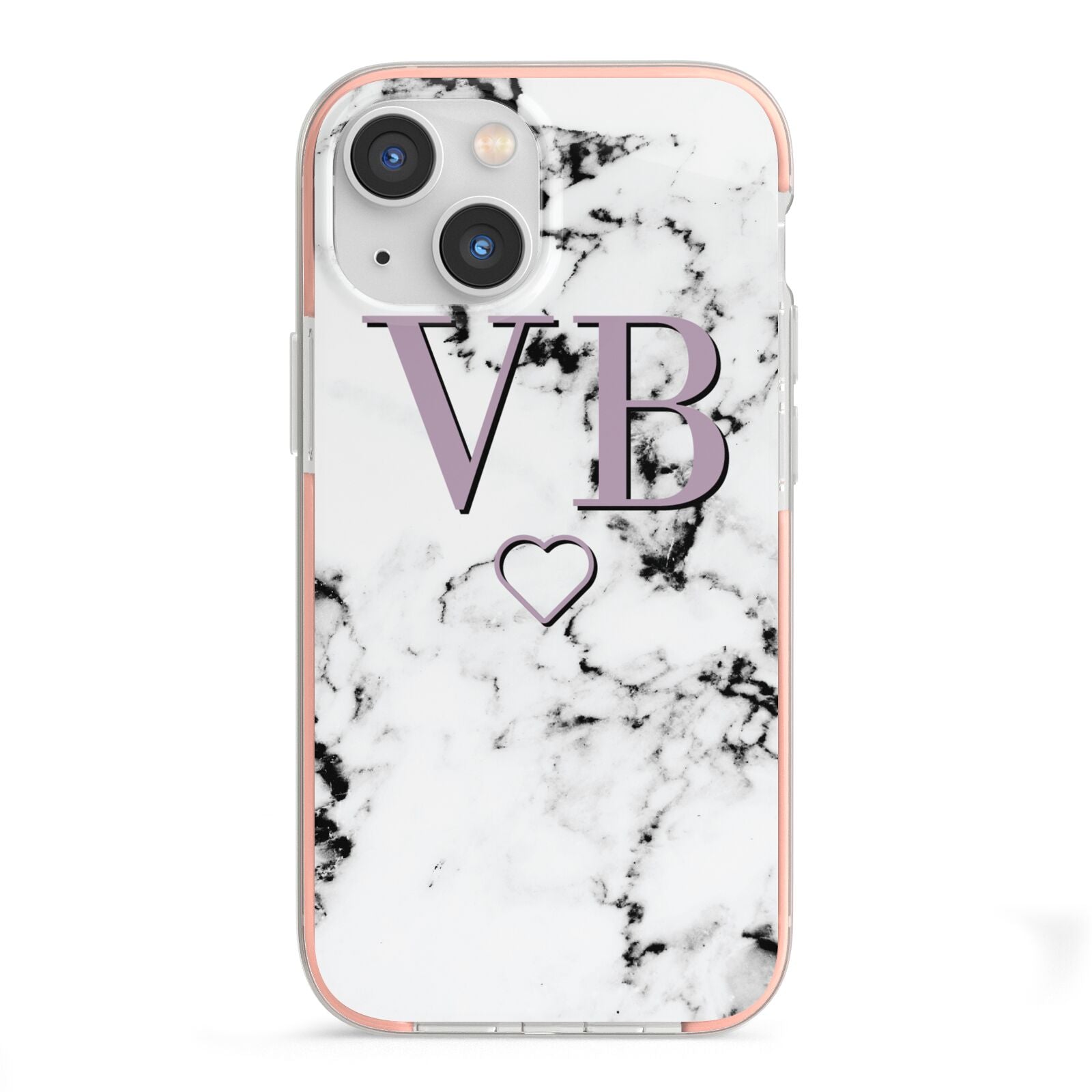 Personalised Initials Love Heart Marble iPhone 13 Mini TPU Impact Case with Pink Edges