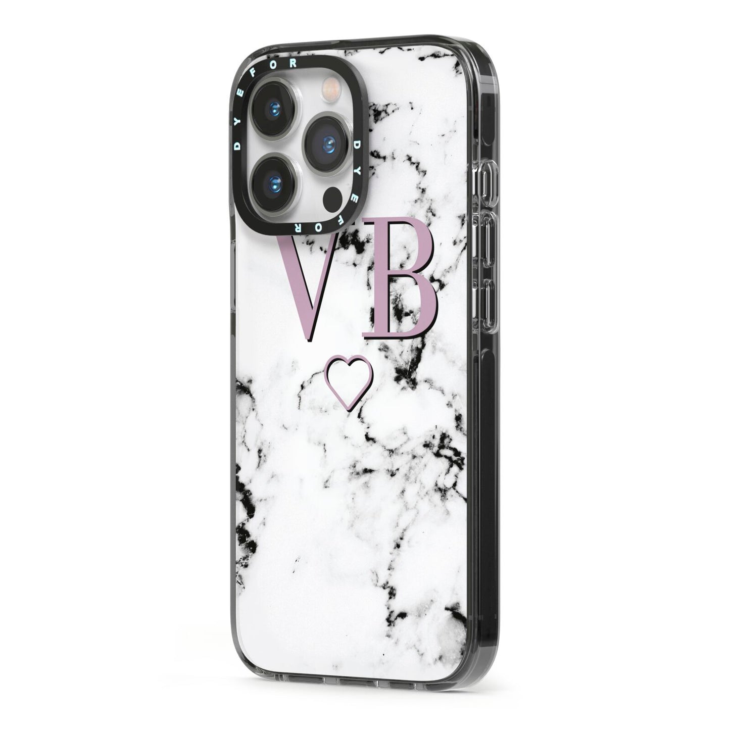Personalised Initials Love Heart Marble iPhone 13 Pro Black Impact Case Side Angle on Silver phone