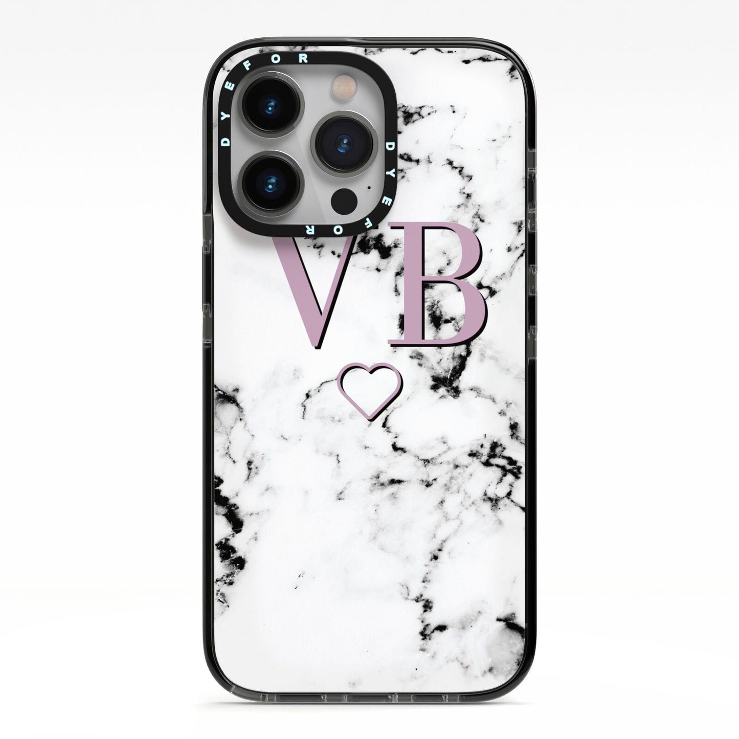 Personalised Initials Love Heart Marble iPhone 13 Pro Black Impact Case on Silver phone