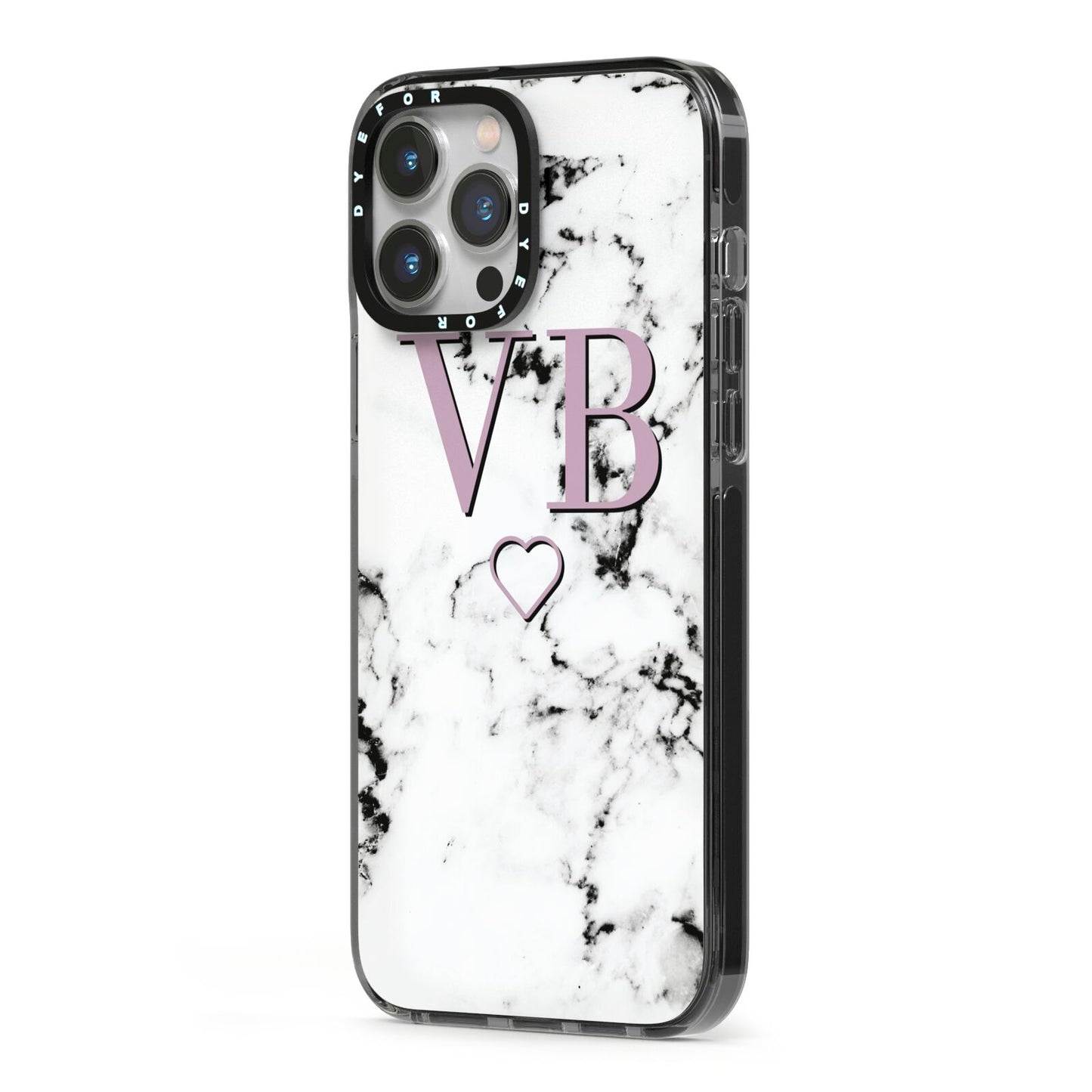 Personalised Initials Love Heart Marble iPhone 13 Pro Max Black Impact Case Side Angle on Silver phone