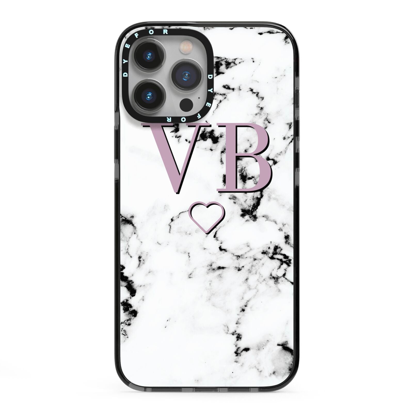 Personalised Initials Love Heart Marble iPhone 13 Pro Max Black Impact Case on Silver phone