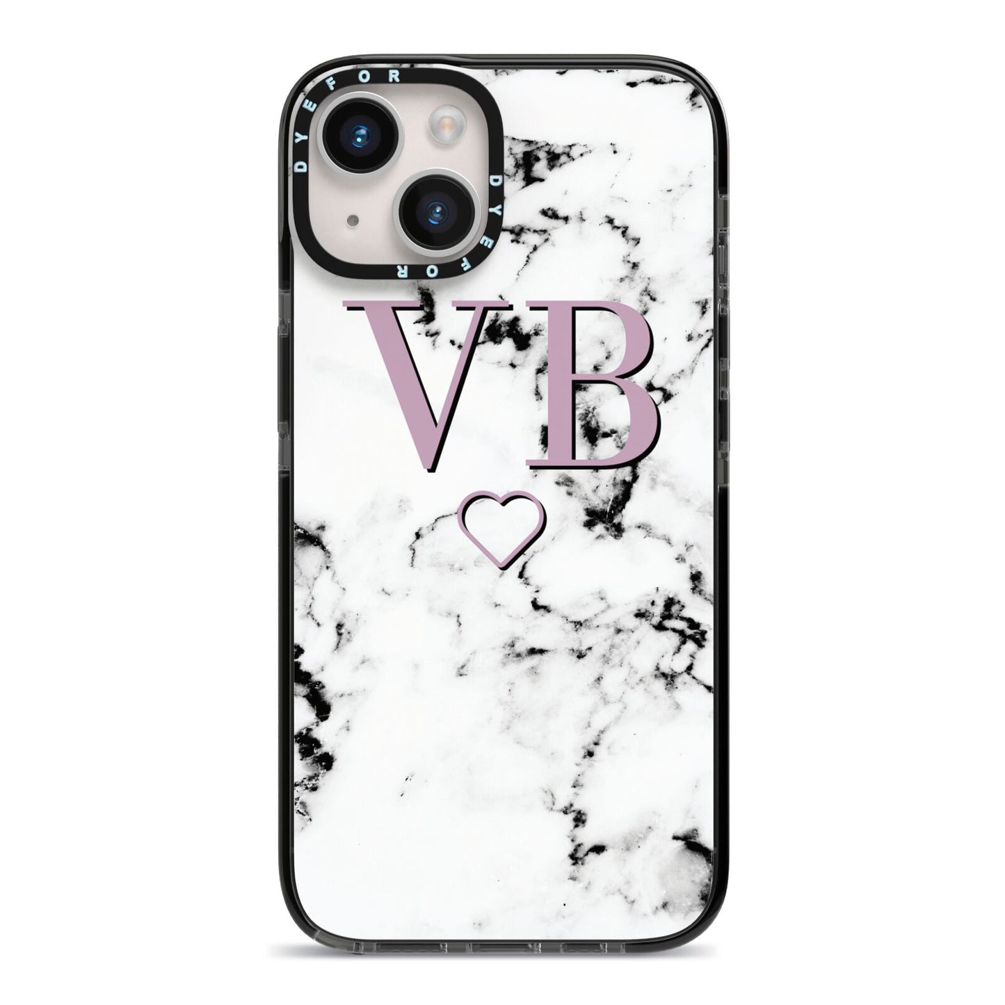 Personalised Initials Love Heart Marble iPhone 14 Black Impact Case on Silver phone