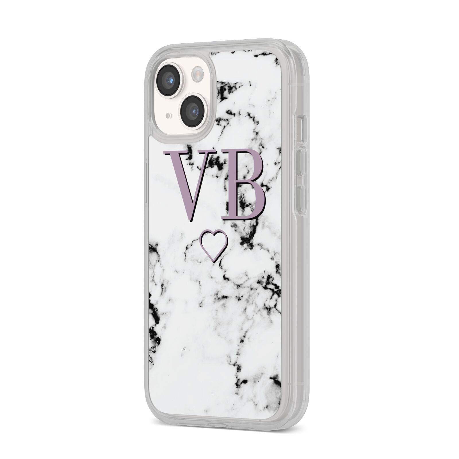 Personalised Initials Love Heart Marble iPhone 14 Clear Tough Case Starlight Angled Image