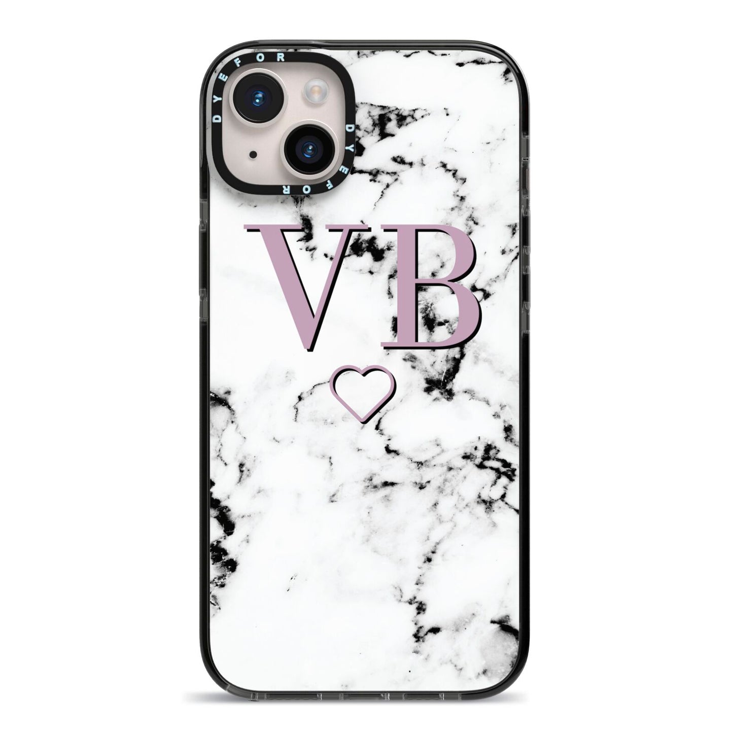 Personalised Initials Love Heart Marble iPhone 14 Plus Black Impact Case on Silver phone