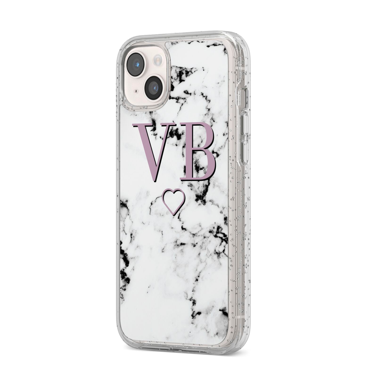 Personalised Initials Love Heart Marble iPhone 14 Plus Glitter Tough Case Starlight Angled Image