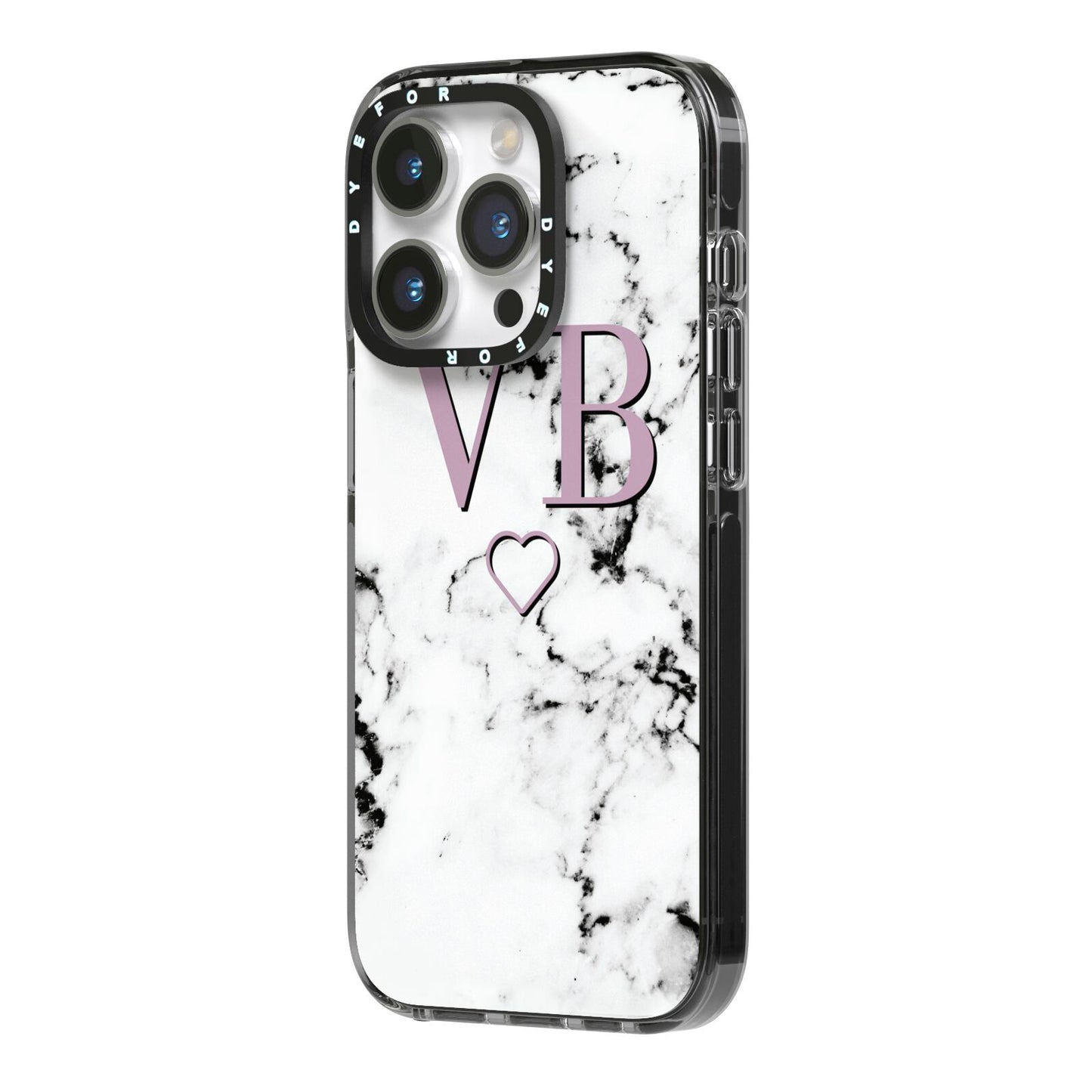 Personalised Initials Love Heart Marble iPhone 14 Pro Black Impact Case Side Angle on Silver phone