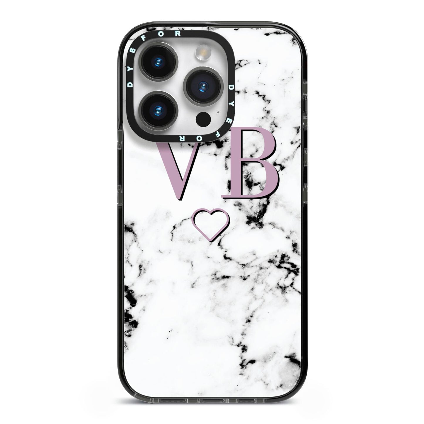 Personalised Initials Love Heart Marble iPhone 14 Pro Black Impact Case on Silver phone