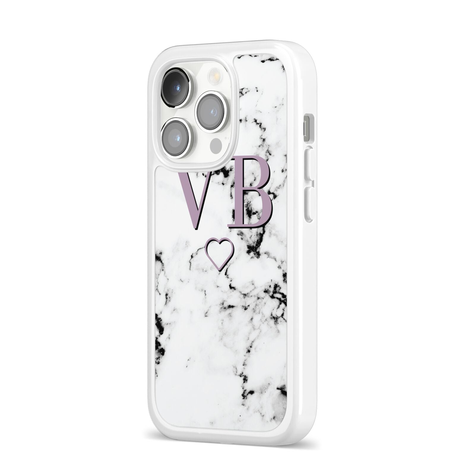 Personalised Initials Love Heart Marble iPhone 14 Pro Clear Tough Case Silver Angled Image
