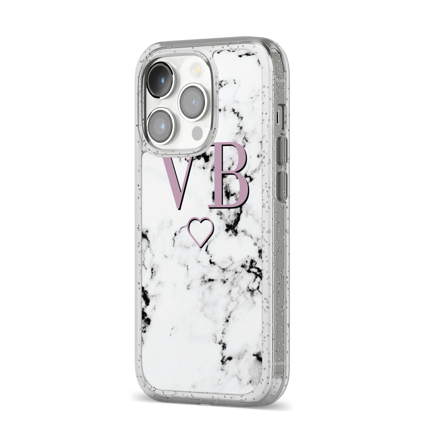 Personalised Initials Love Heart Marble iPhone 14 Pro Glitter Tough Case Silver Angled Image