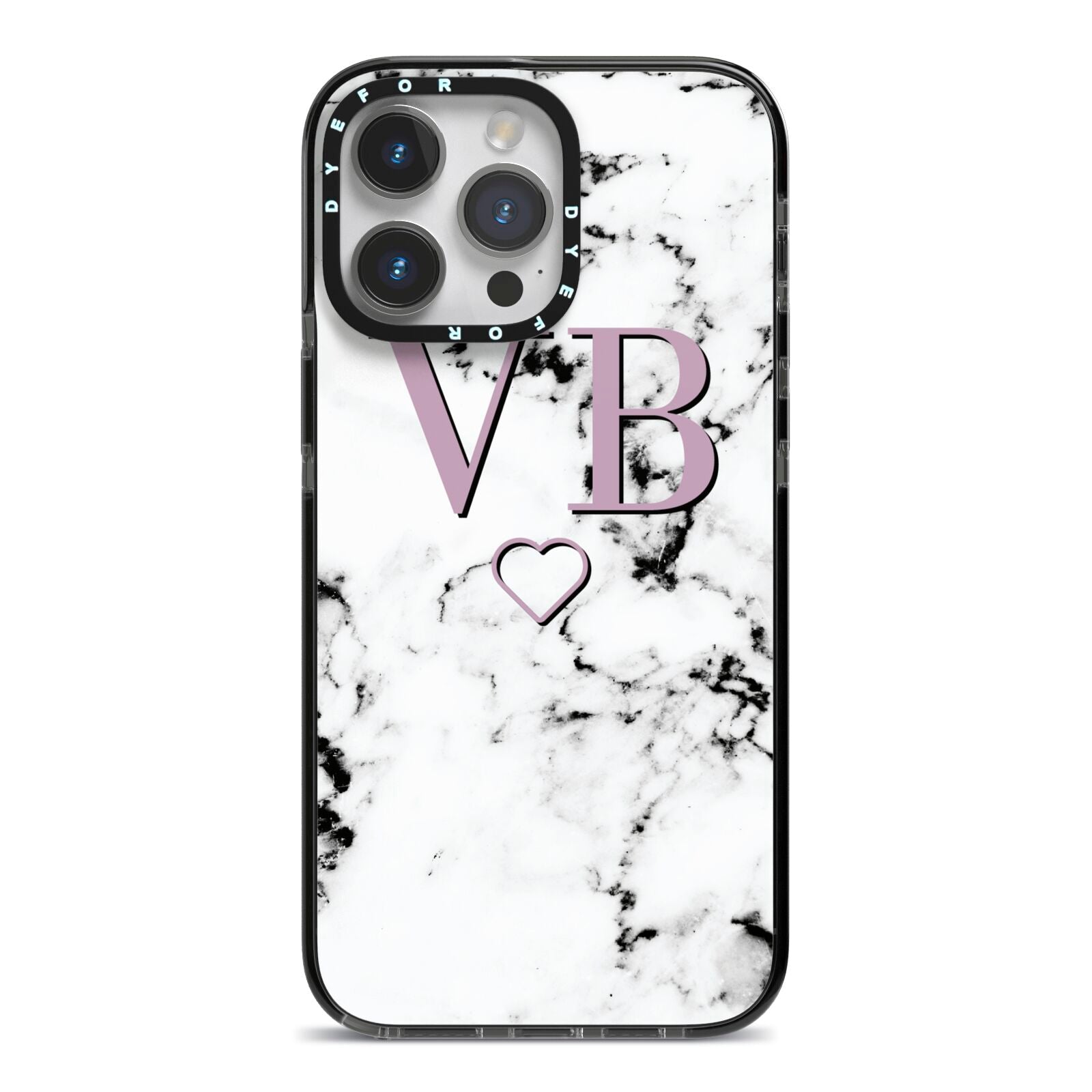 Personalised Initials Love Heart Marble iPhone 14 Pro Max Black Impact Case on Silver phone