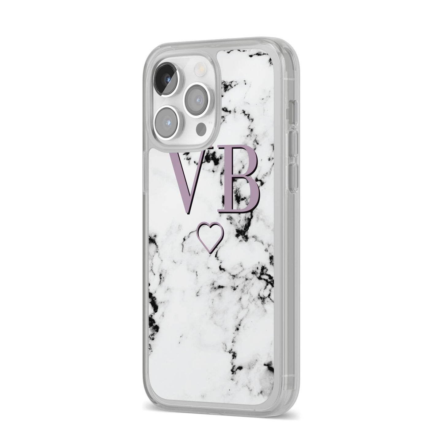 Personalised Initials Love Heart Marble iPhone 14 Pro Max Clear Tough Case Silver Angled Image