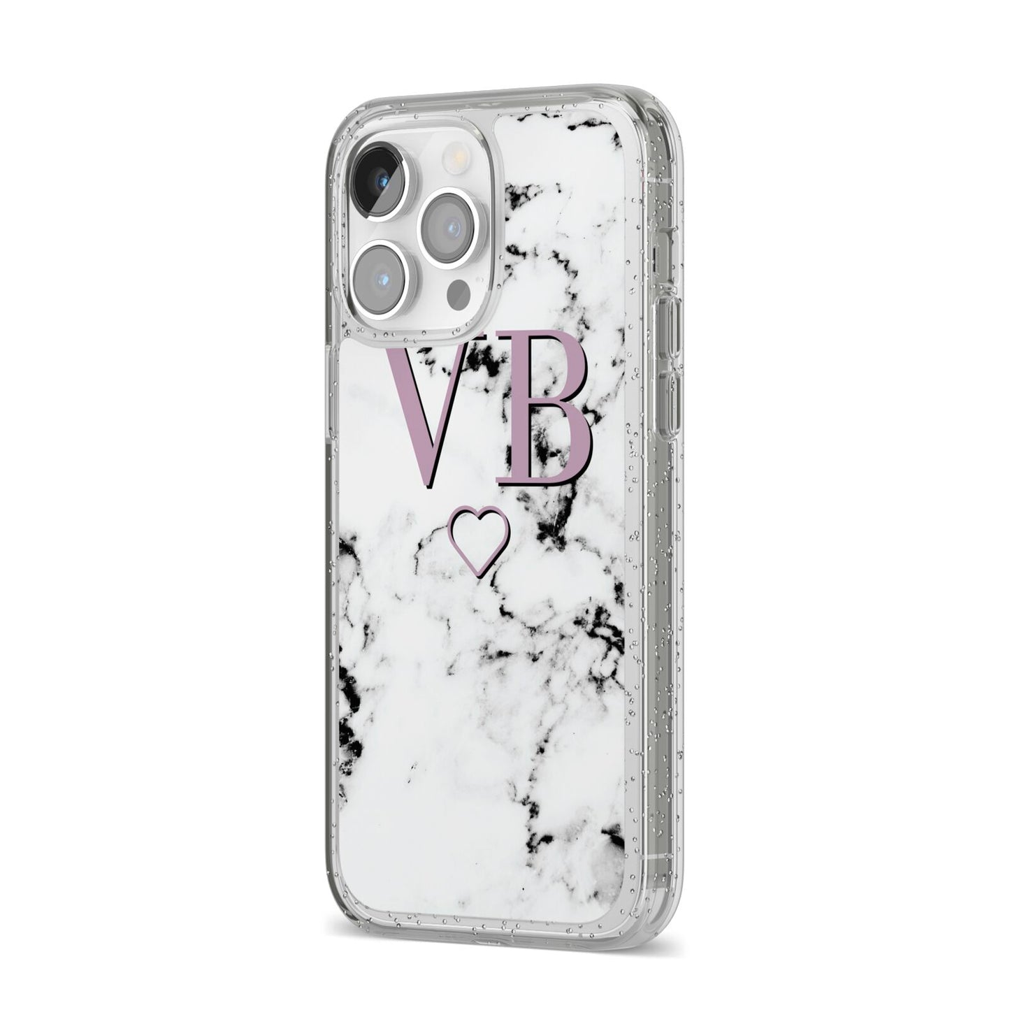 Personalised Initials Love Heart Marble iPhone 14 Pro Max Glitter Tough Case Silver Angled Image